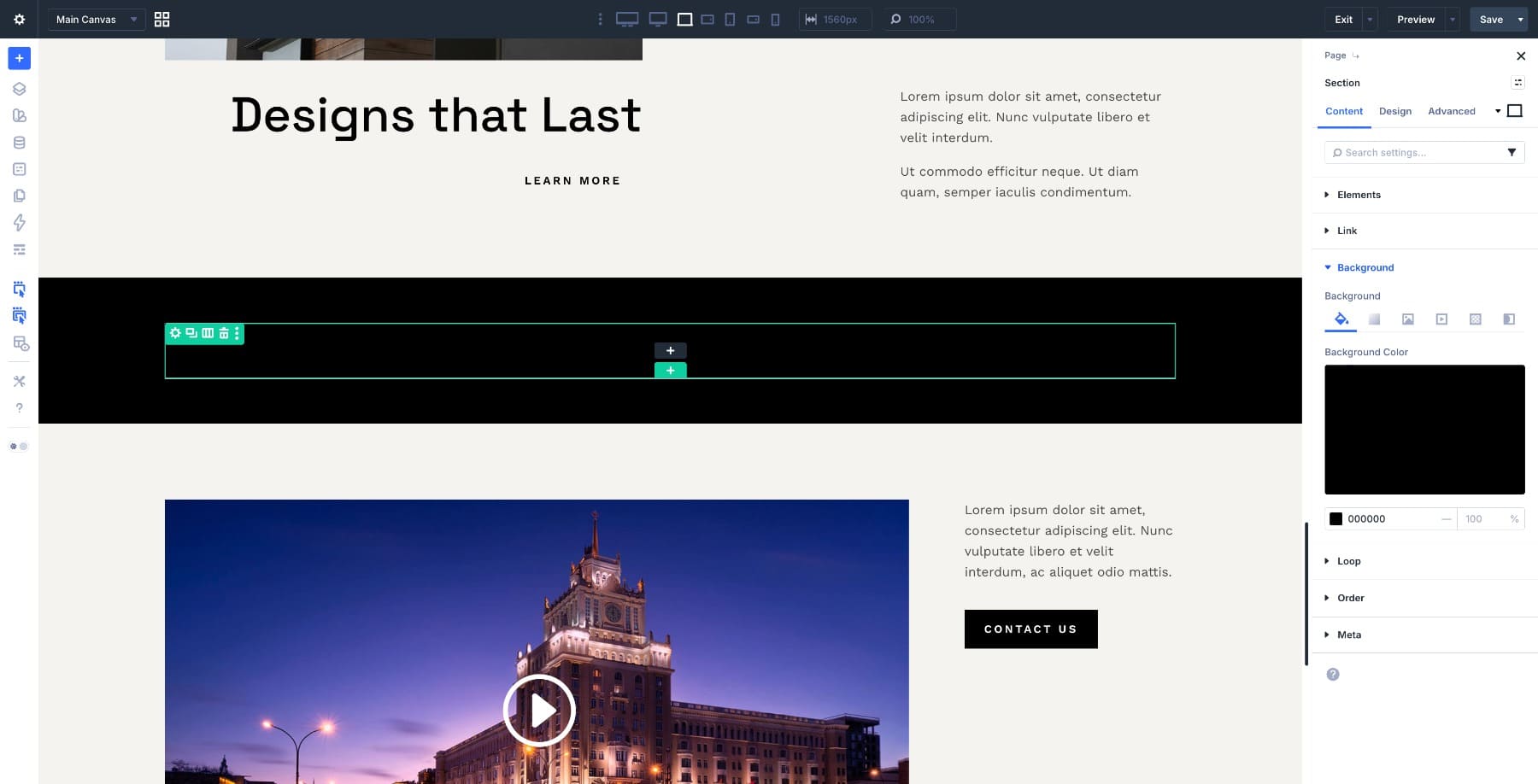 Section with a black background in Divi 5