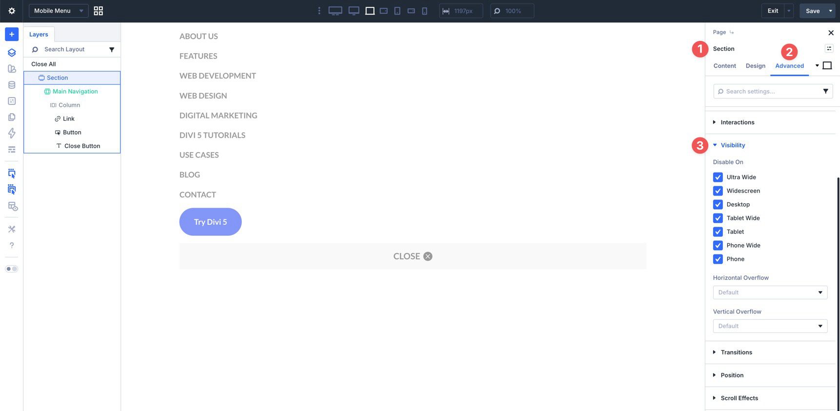 Visibility settings in Divi 5