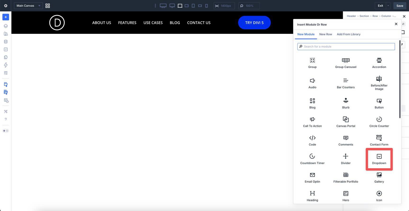 Select the Dropdown module in Divi 5
