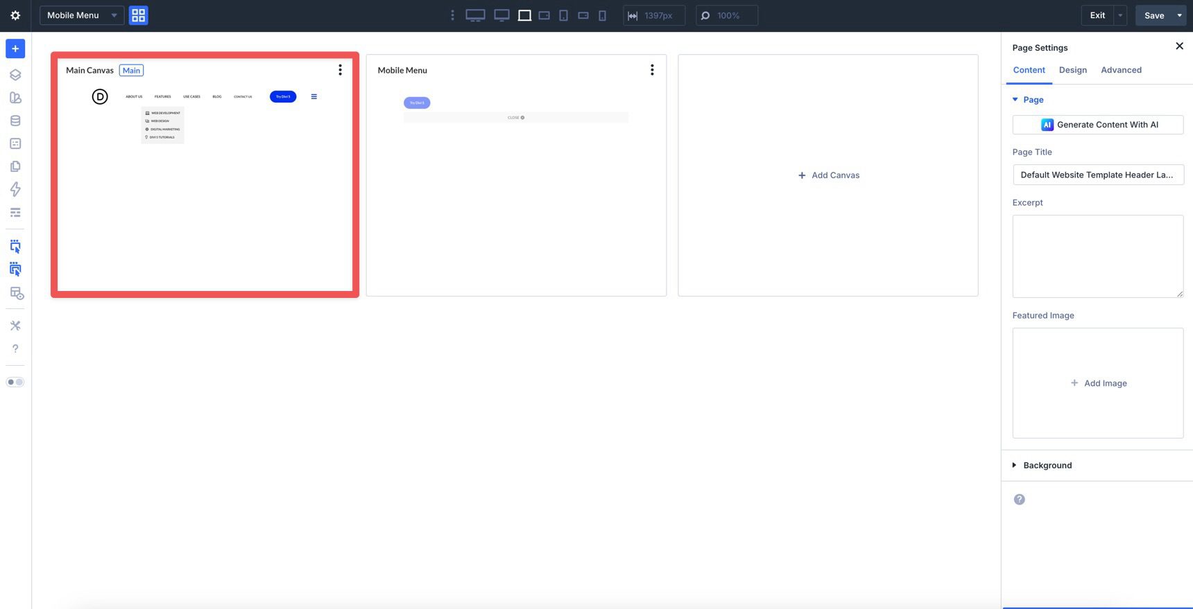 Selecting the main canvas in Divi 5