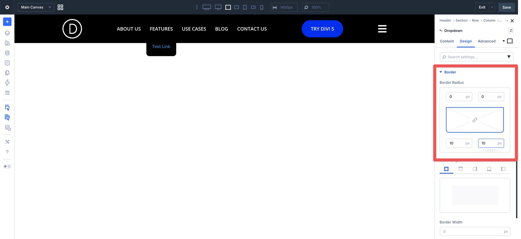 Set border radius on the Dropdown module in Divi 5