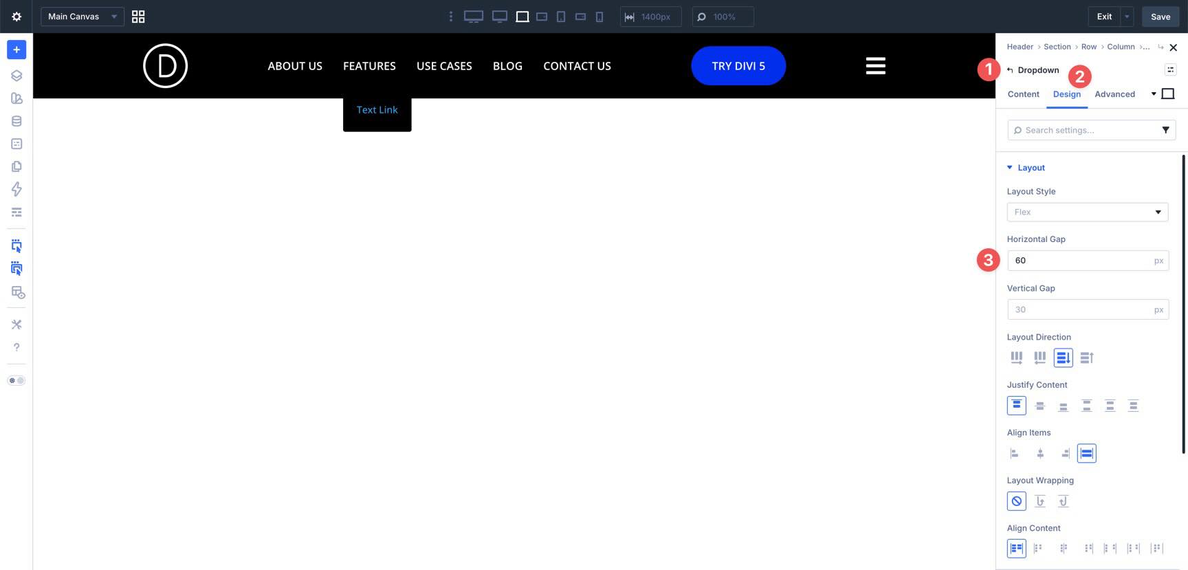 Set horizontal gap for the Dropdown module in Divi 5