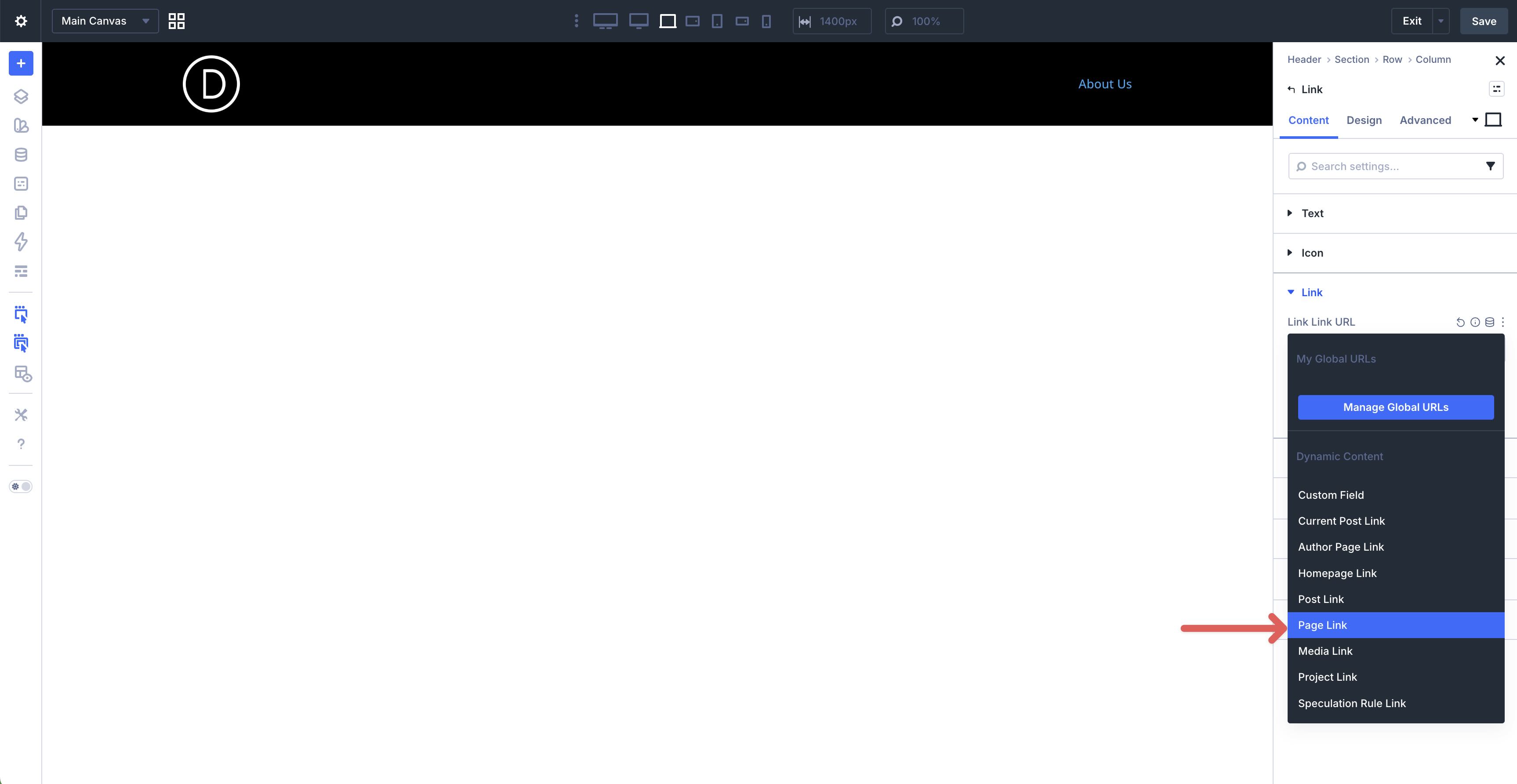 Choose a page link in Divi 5 dynamic content