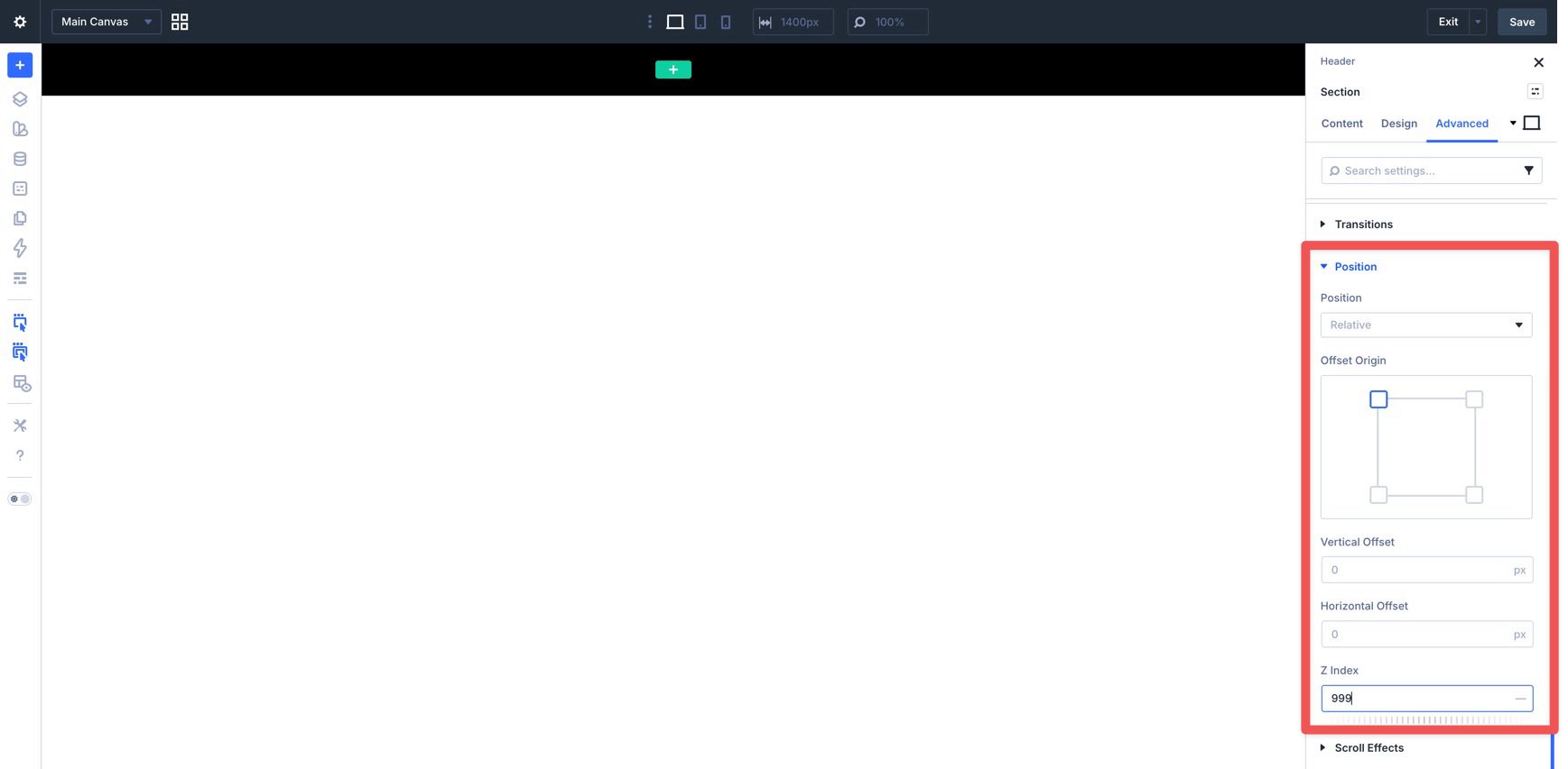 Set z-index for the header section in Divi 5