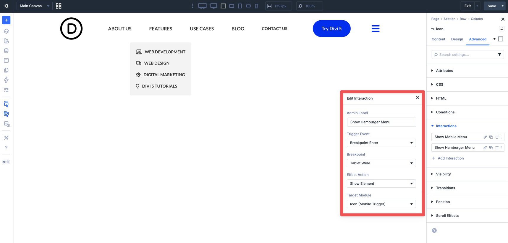 Show hamburger icon in Divi 5