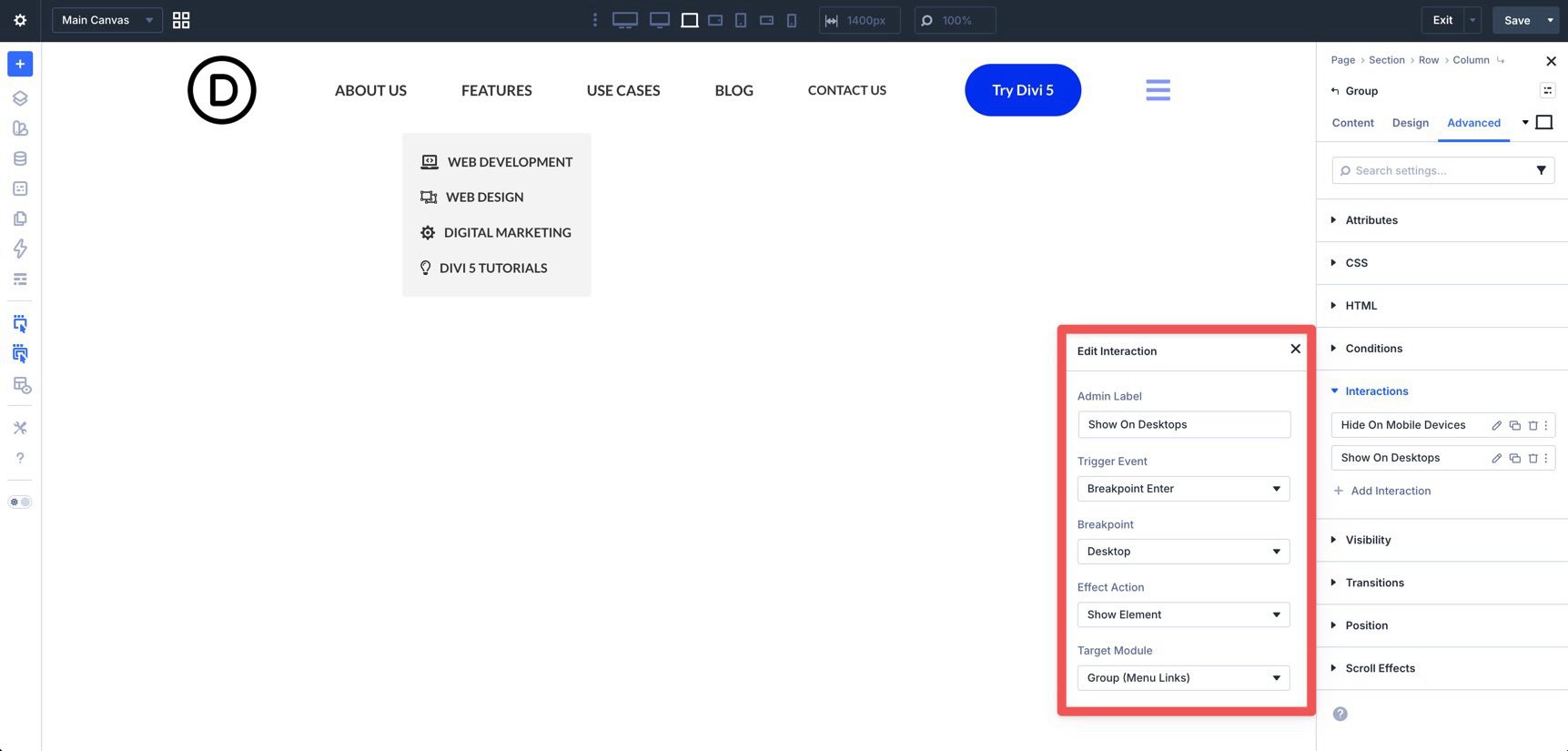 Show elements on desktop in Divi 5