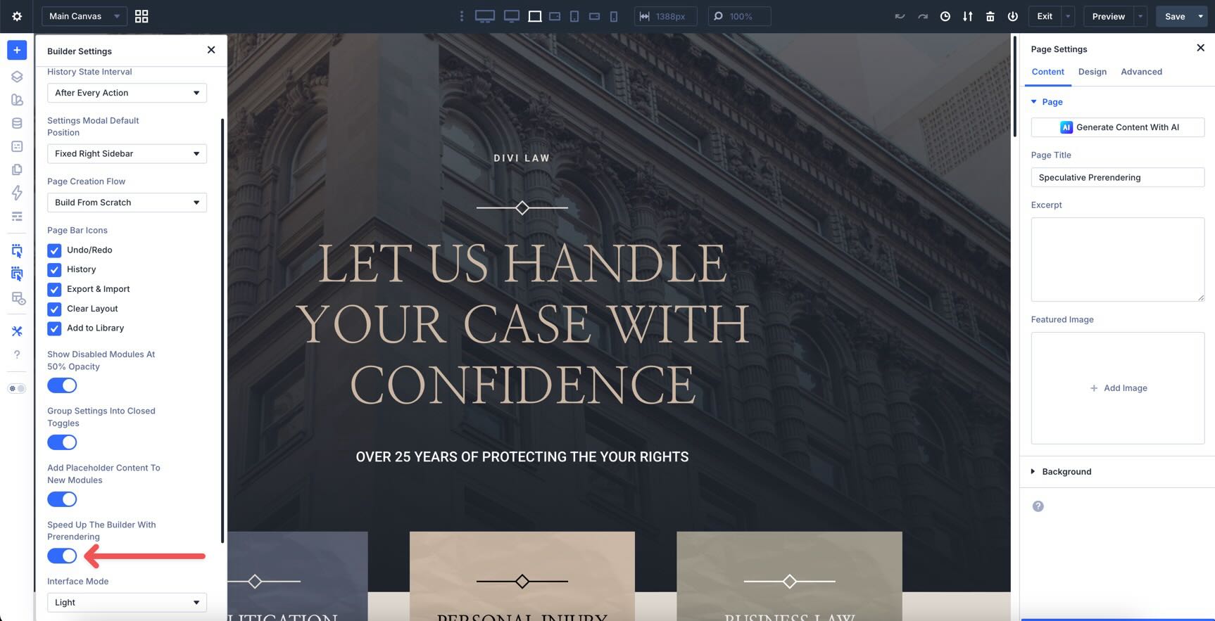 Speculative Prerendering toggle in Divi 5 builder settings