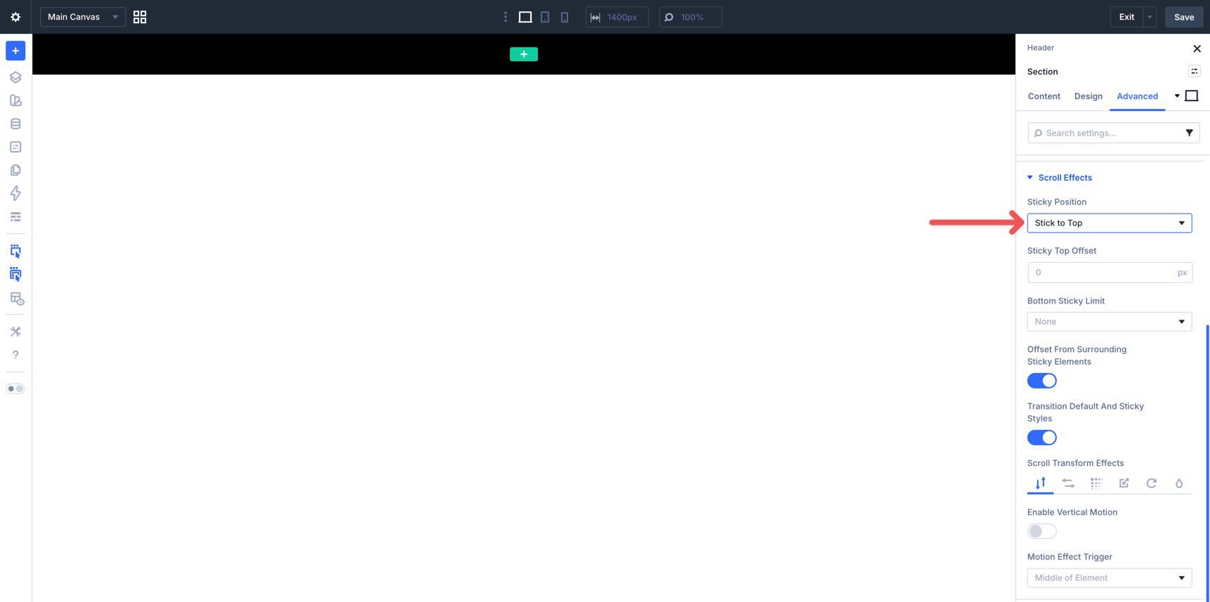 Set the header section to stick to top in Divi 5