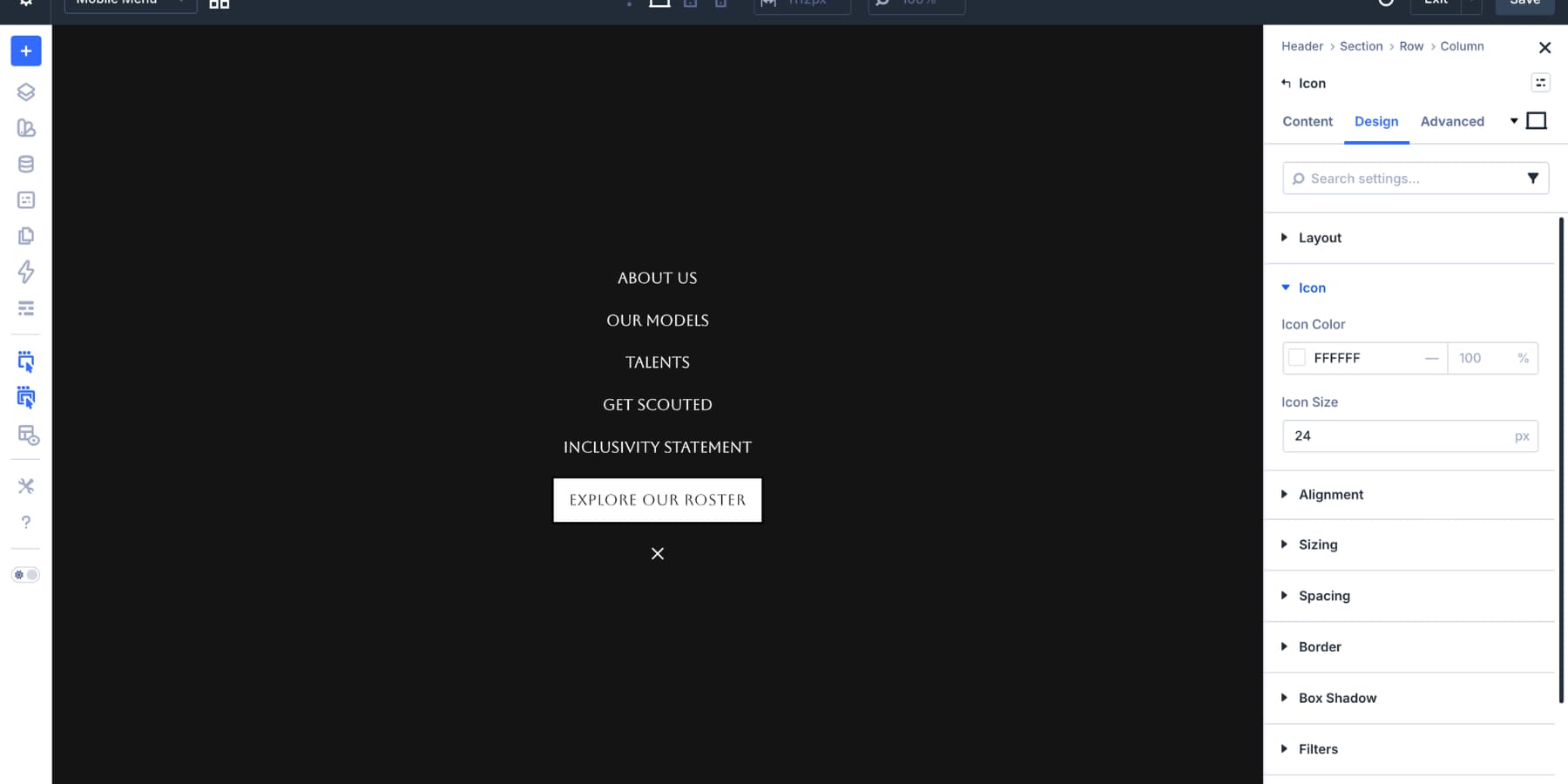 Close icon added to a Divi 5 mobile menu Canvas