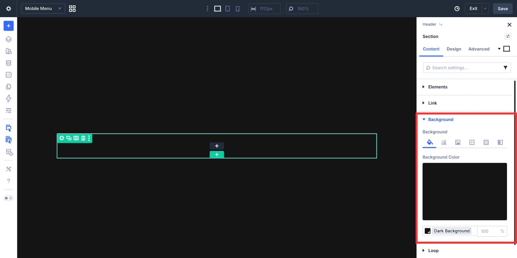 Dark Design Variable background applied to a mobile menu Section in Divi 5