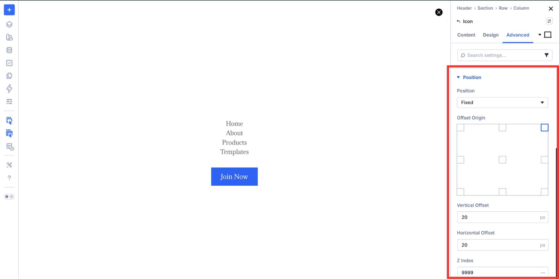 Positioning a close icon in the top-right corner of a Divi 5 mobile Canvas