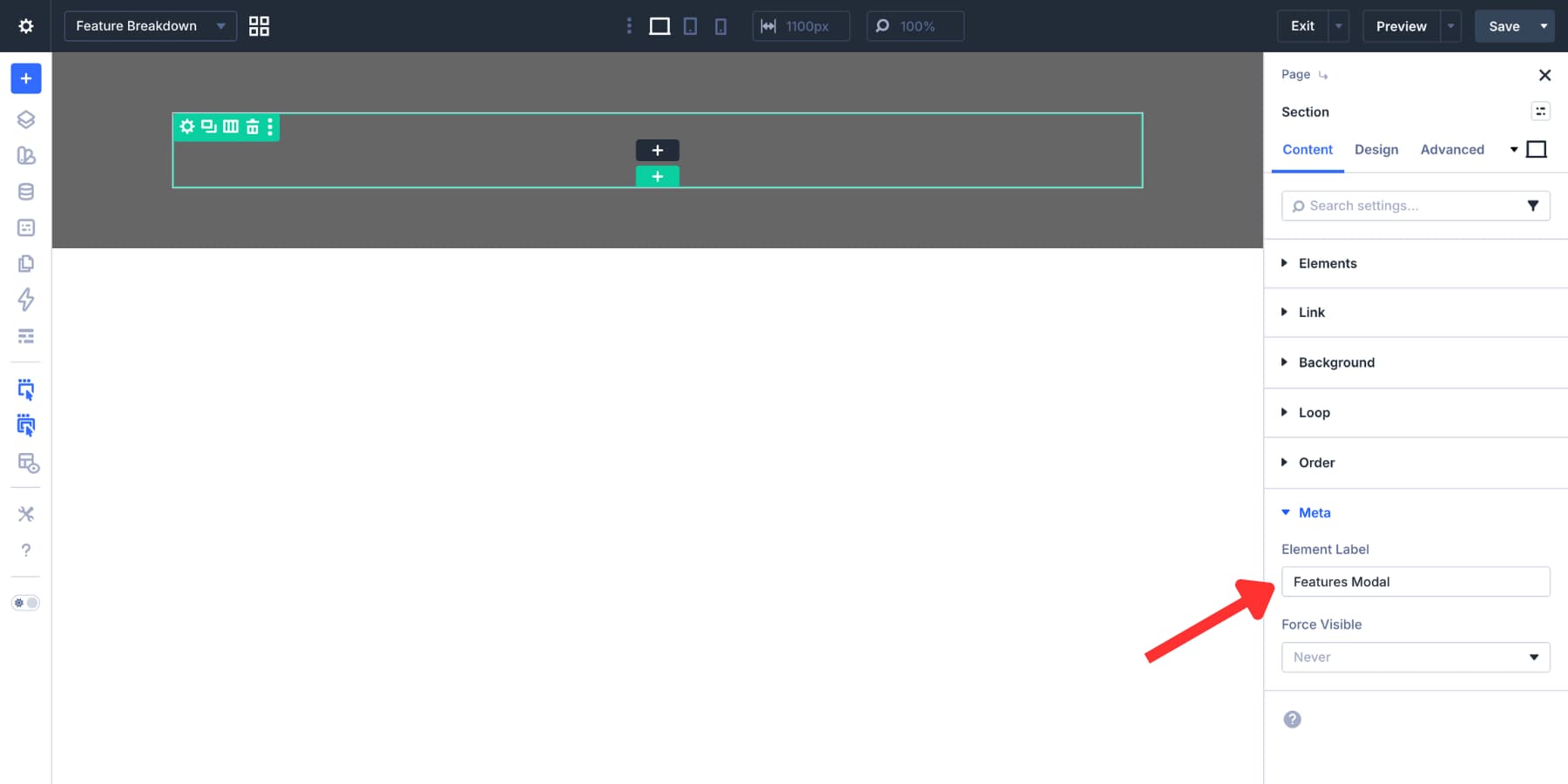 Element Label added to a modal section in Divi 5