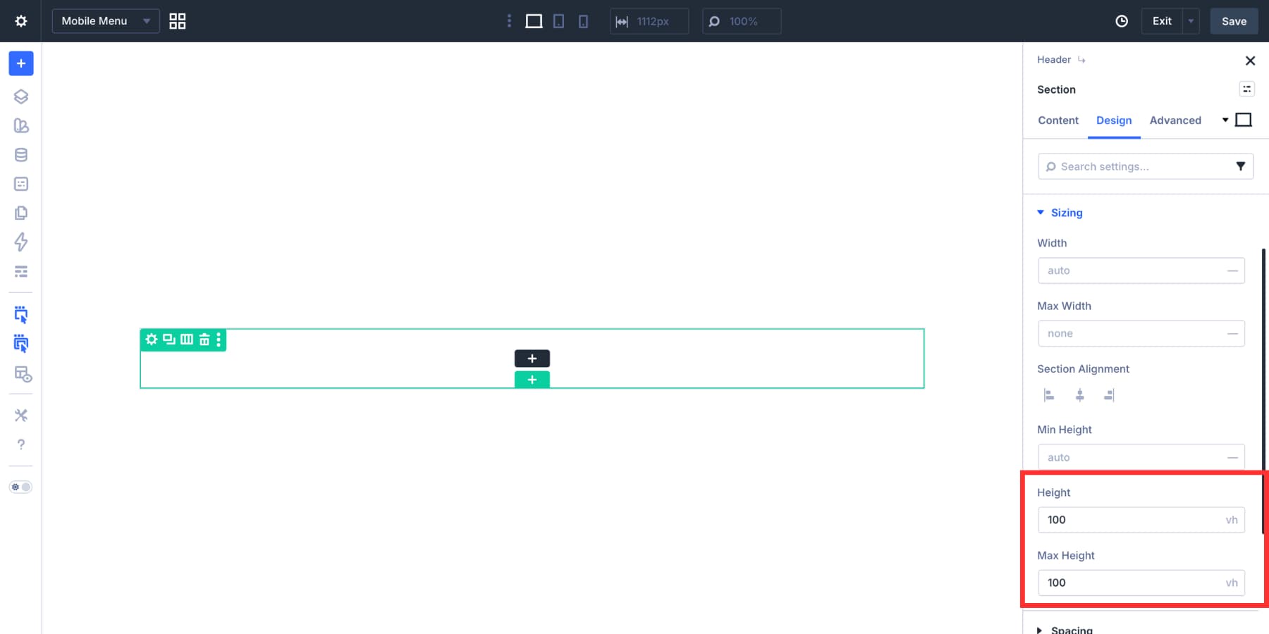 Mobile menu Section height set to 100vh in Divi 5