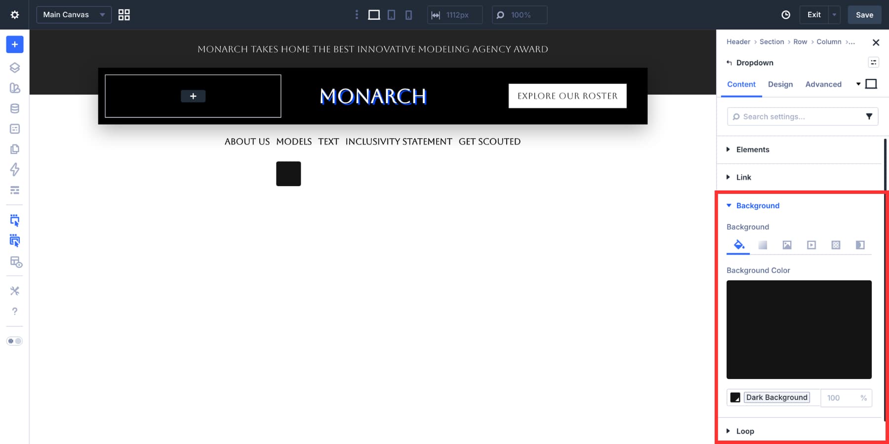 Background color applied to a Dropdown module in Divi 5