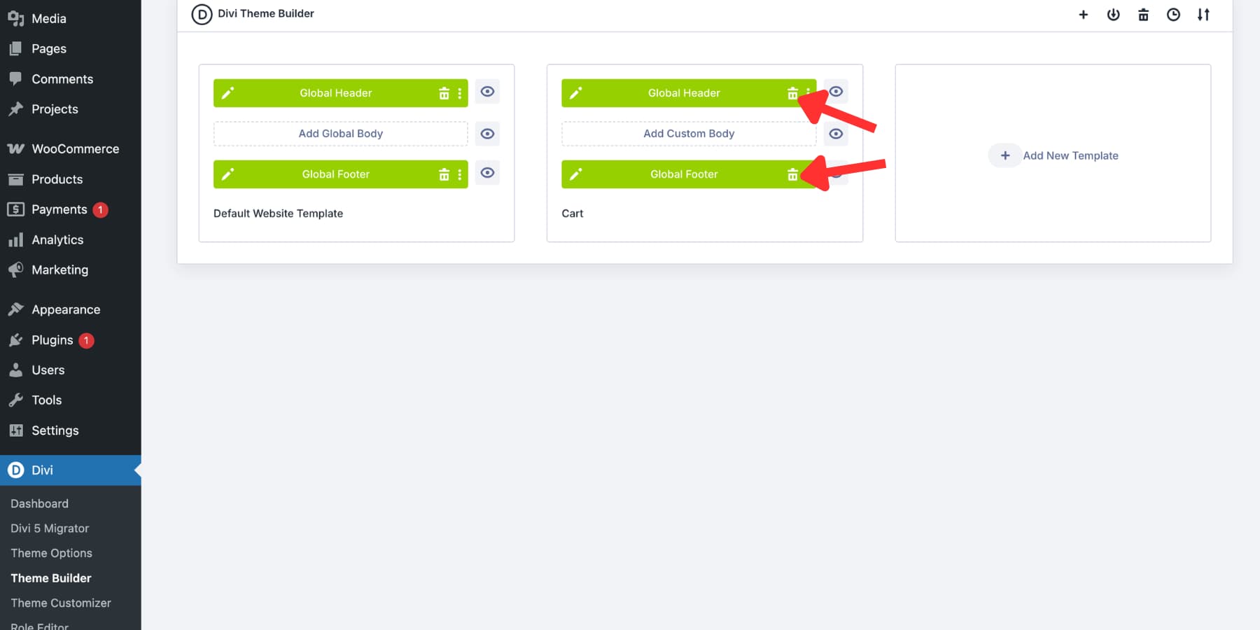 disable the global header and footer for a WooCommerce cart template in Divi 5