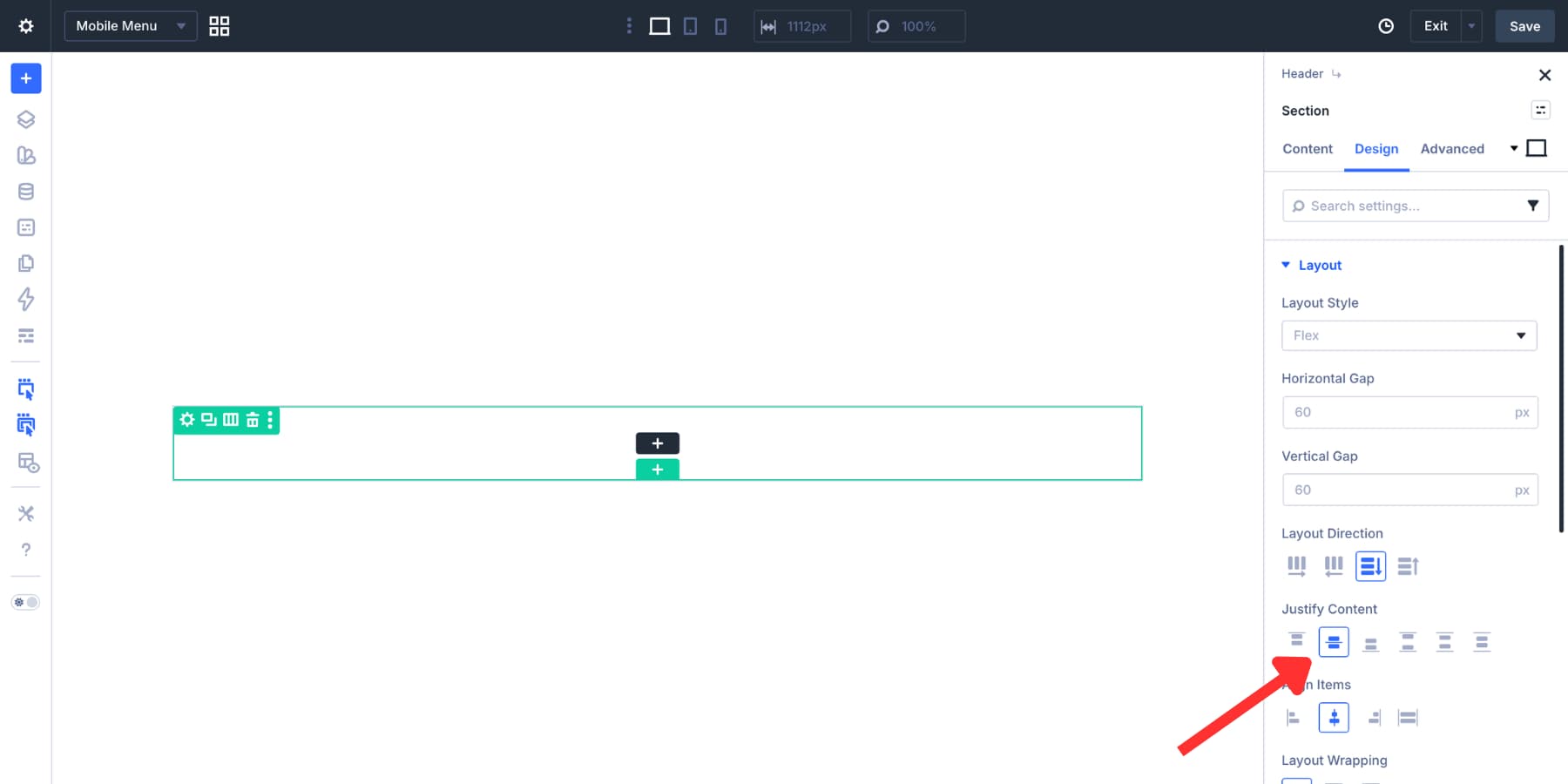 Section content centered in a Divi 5 mobile menu Canvas