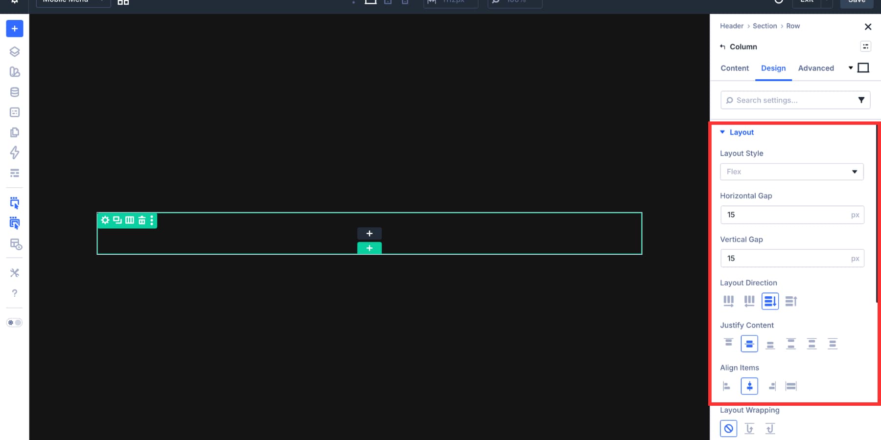 Column layout settings for a centered mobile menu in Divi 5