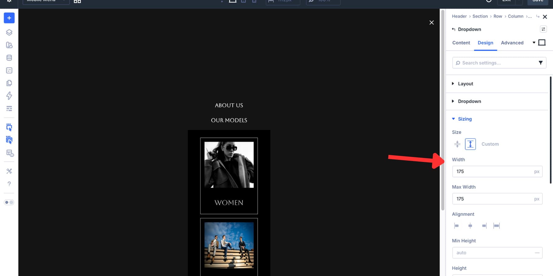 Dropdown width set to 175px in a Divi 5 mobile menu