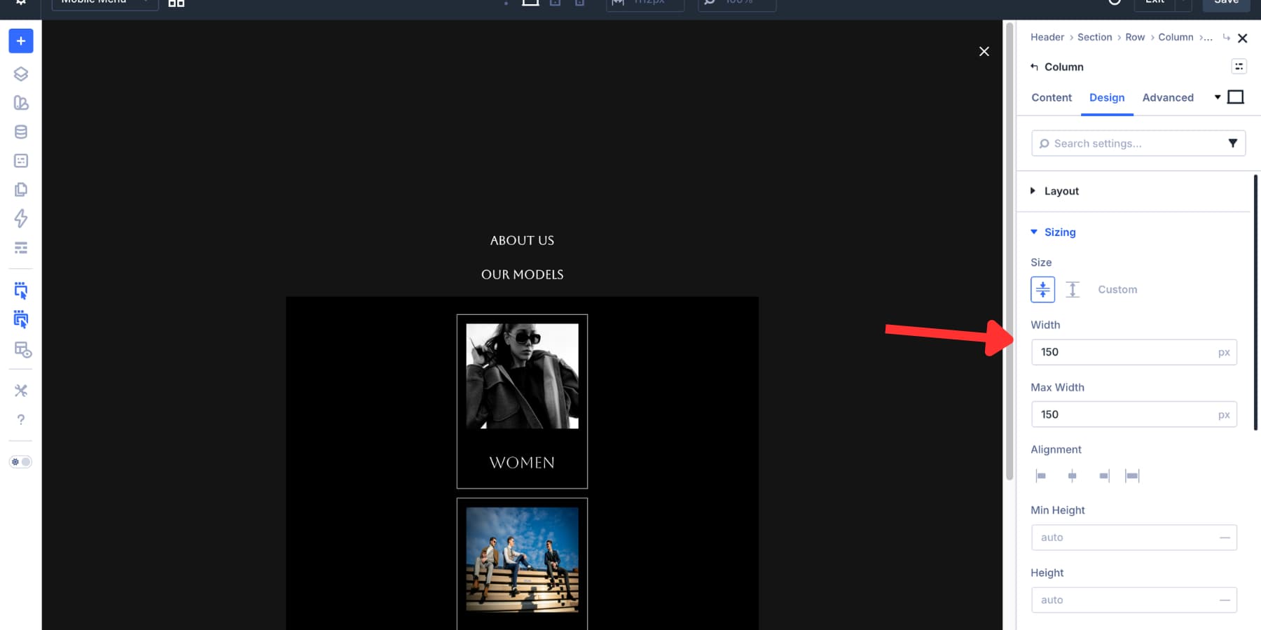 Dropdown card max width set to 150px in Divi 5