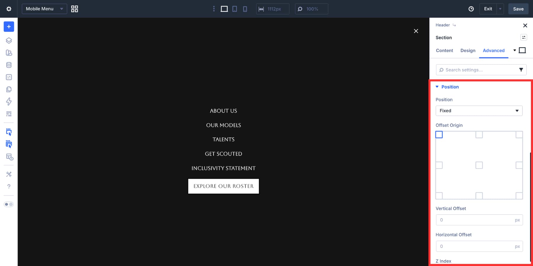 Fixed position applied to a Divi 5 mobile menu Section