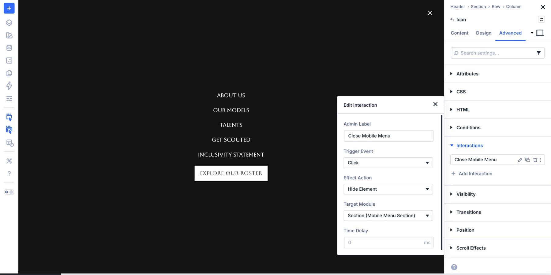 Close Interaction added to a mobile menu close icon in Divi 5