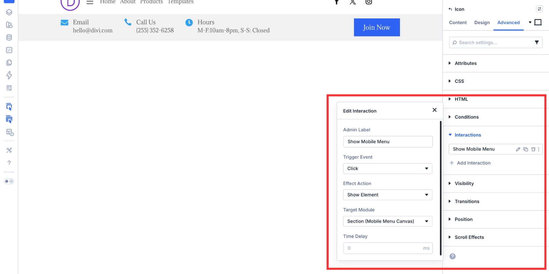 Adding a click interaction to a hamburger icon in Divi 5