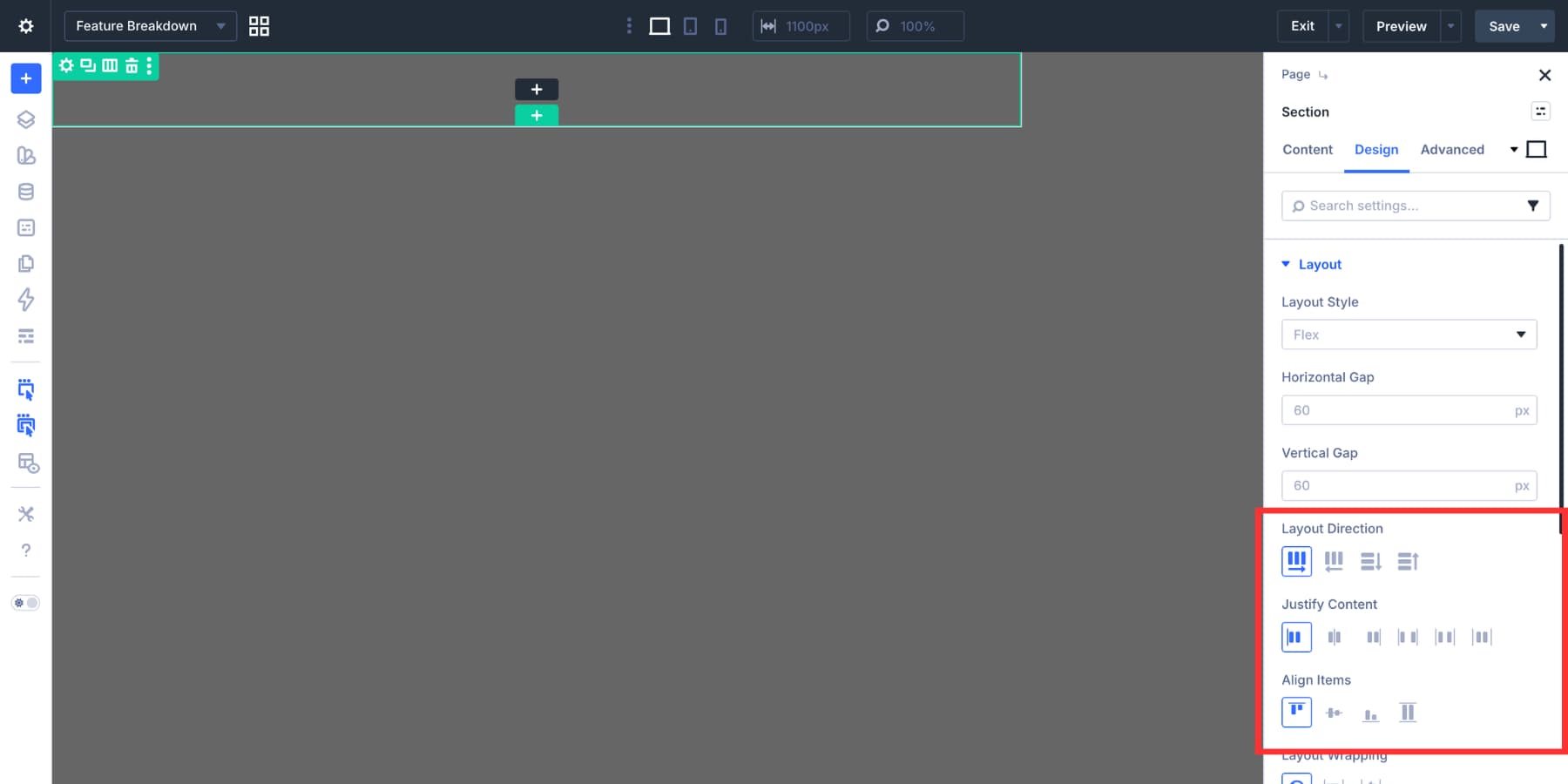 Layout settings for a Divi 5 modal overlay section