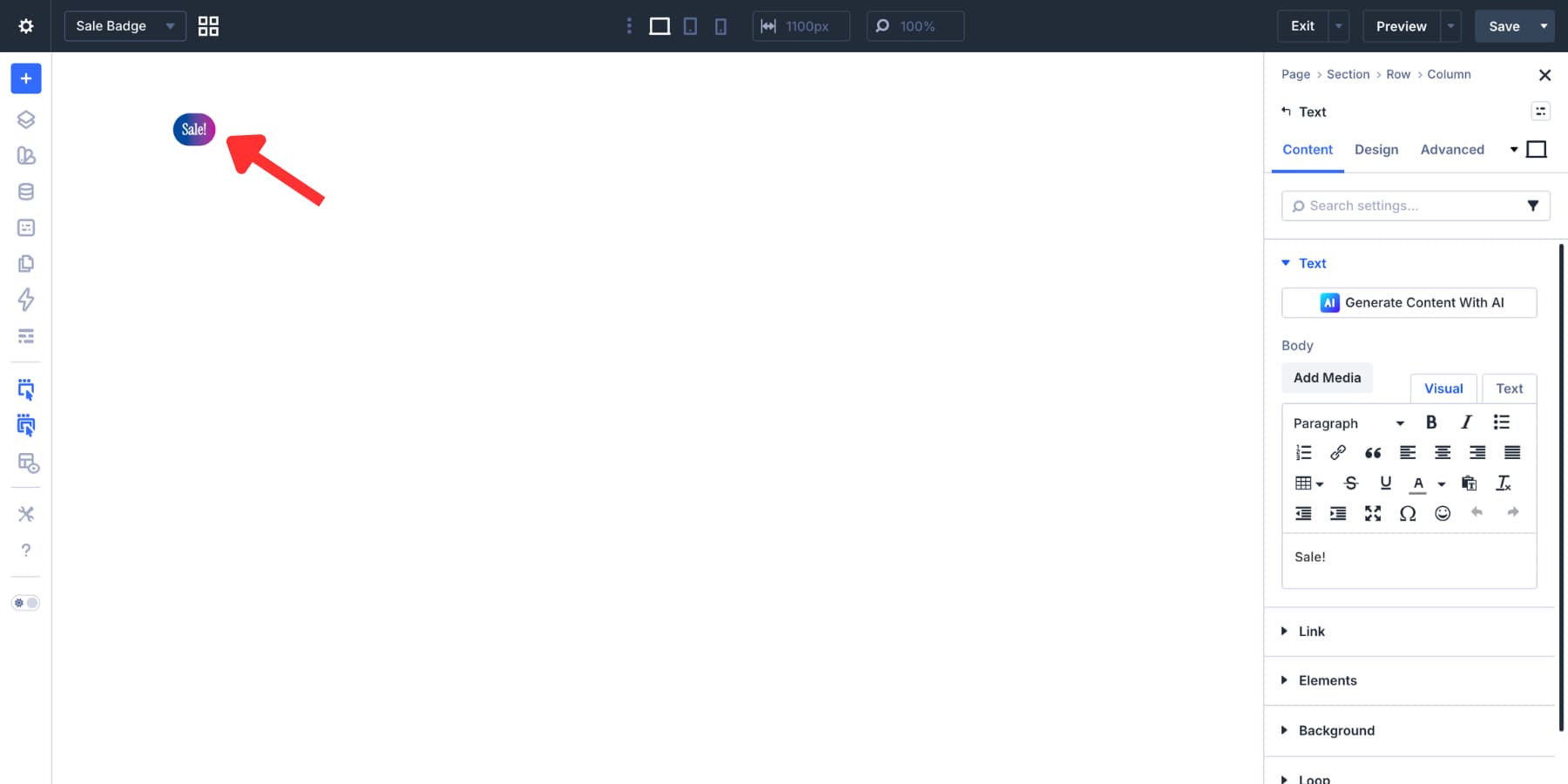 Sale badge created inside a detached canvas in Divi 5