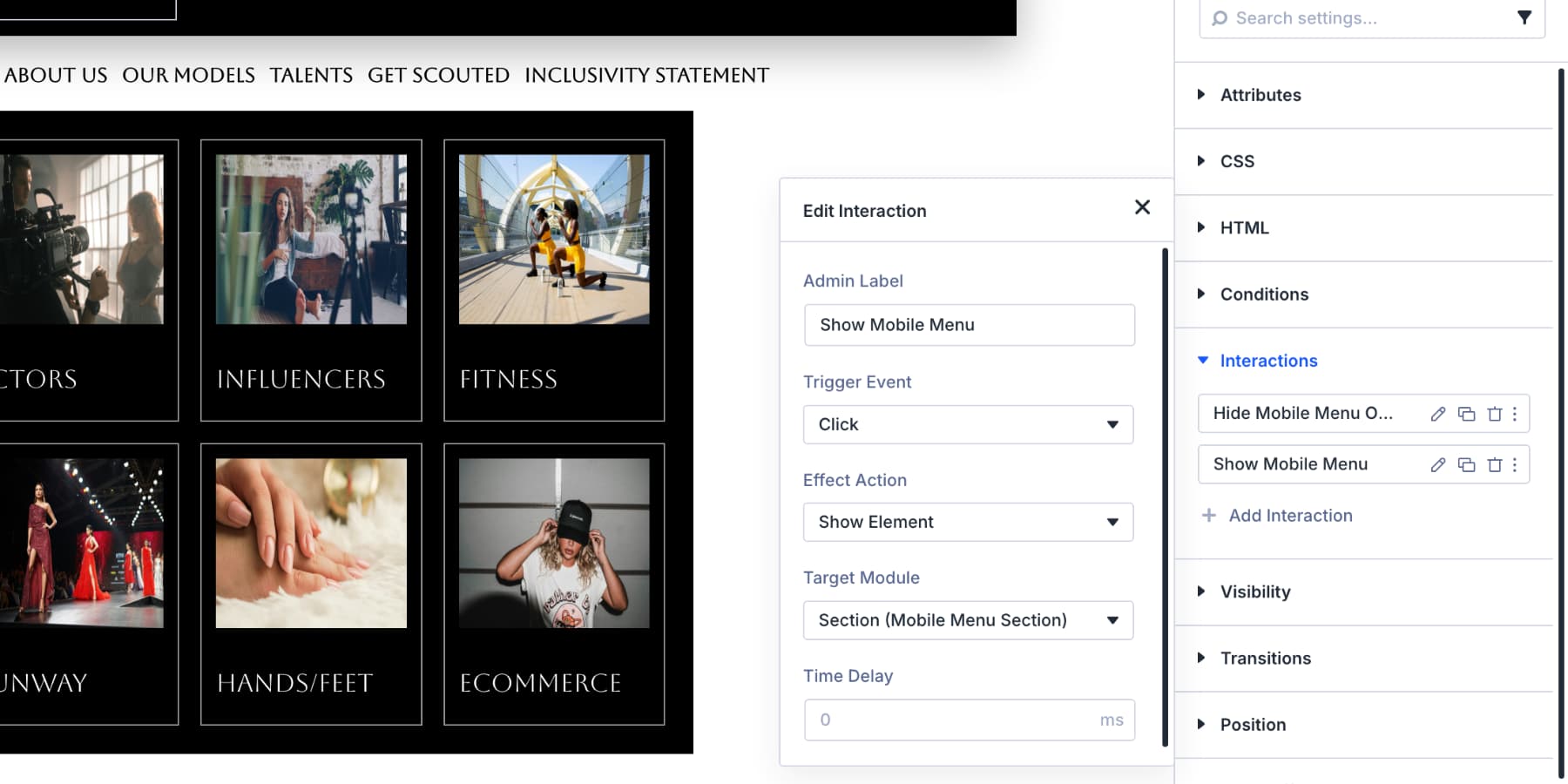 Click Interaction used to show a mobile menu in Divi 5