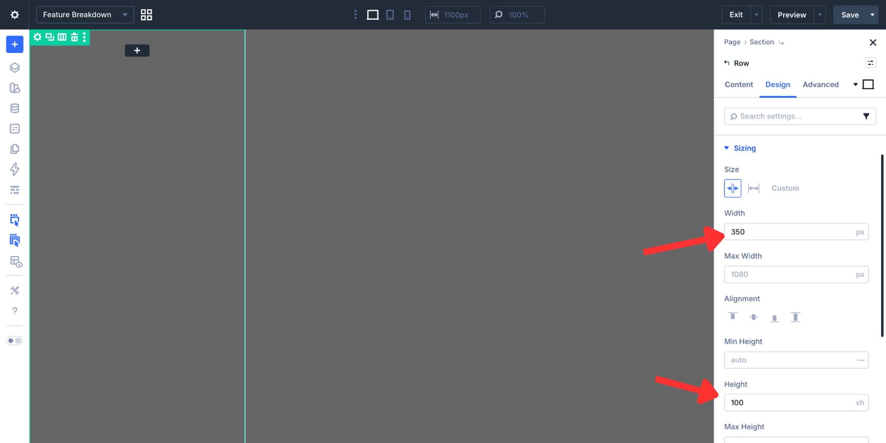 Width and height settings for a modal panel row in Divi 5