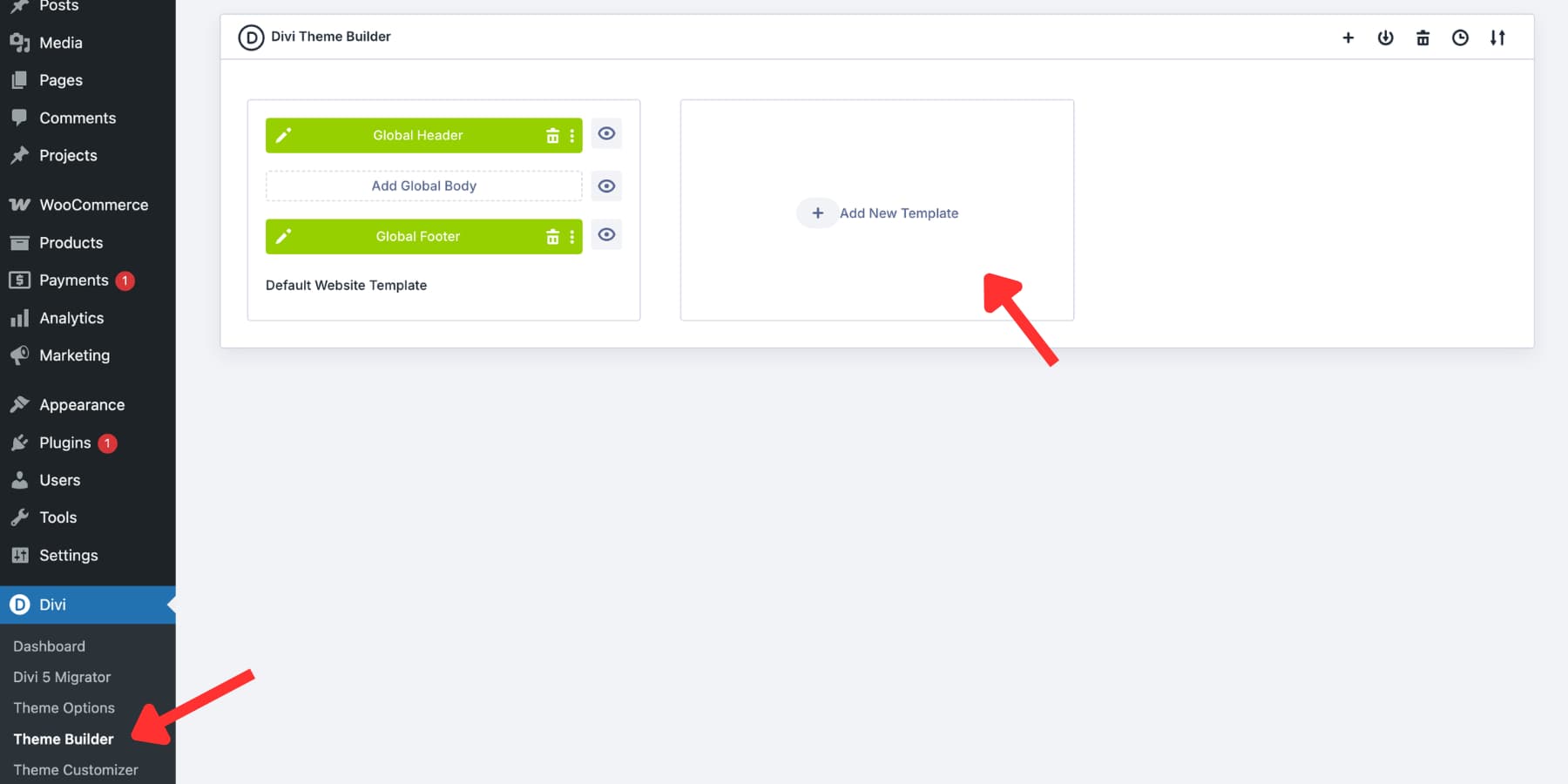 add a new template in the divi 5 theme builder