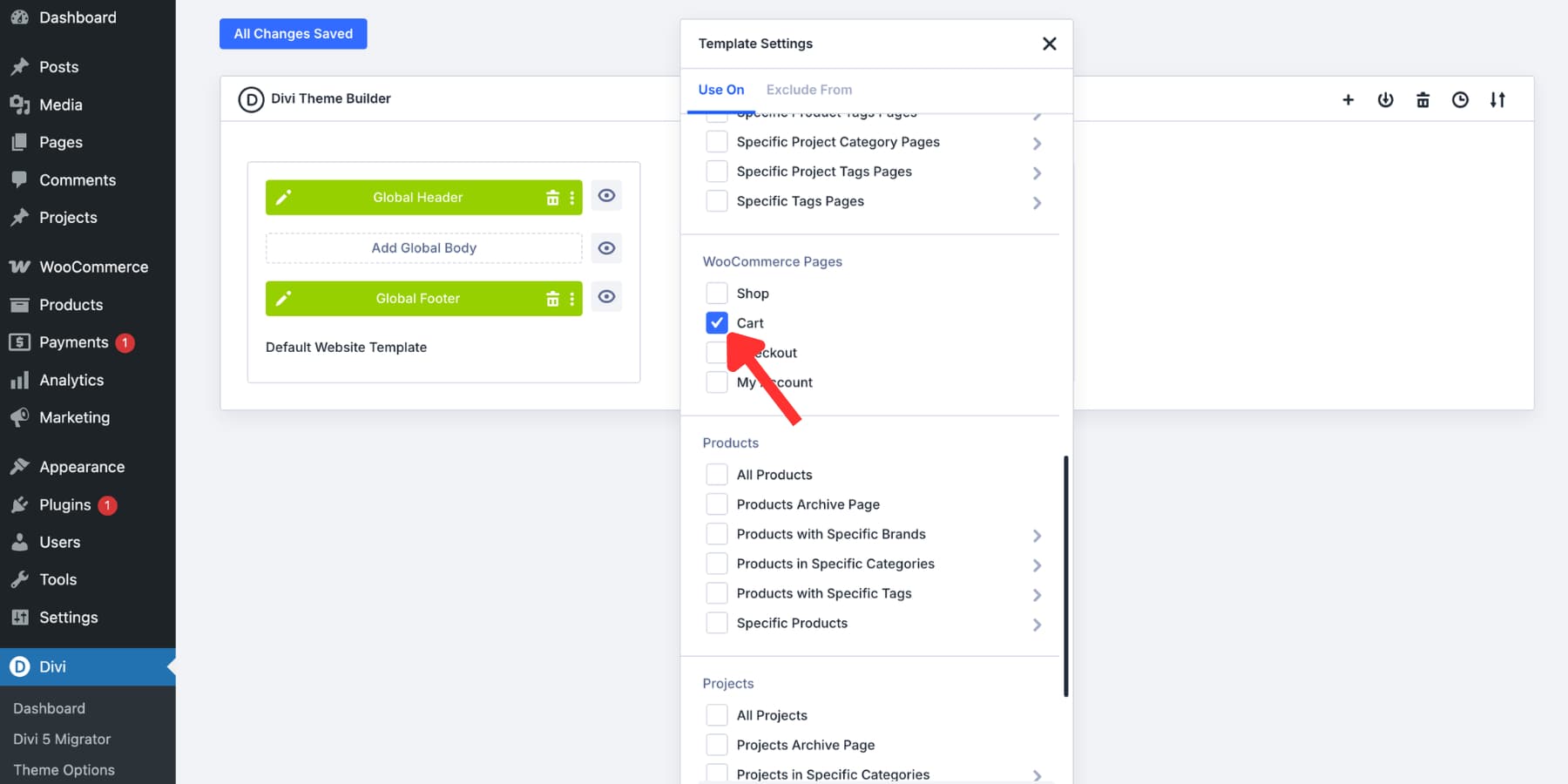 select the WooCommerce cart page display condition in the divi 5 theme builder