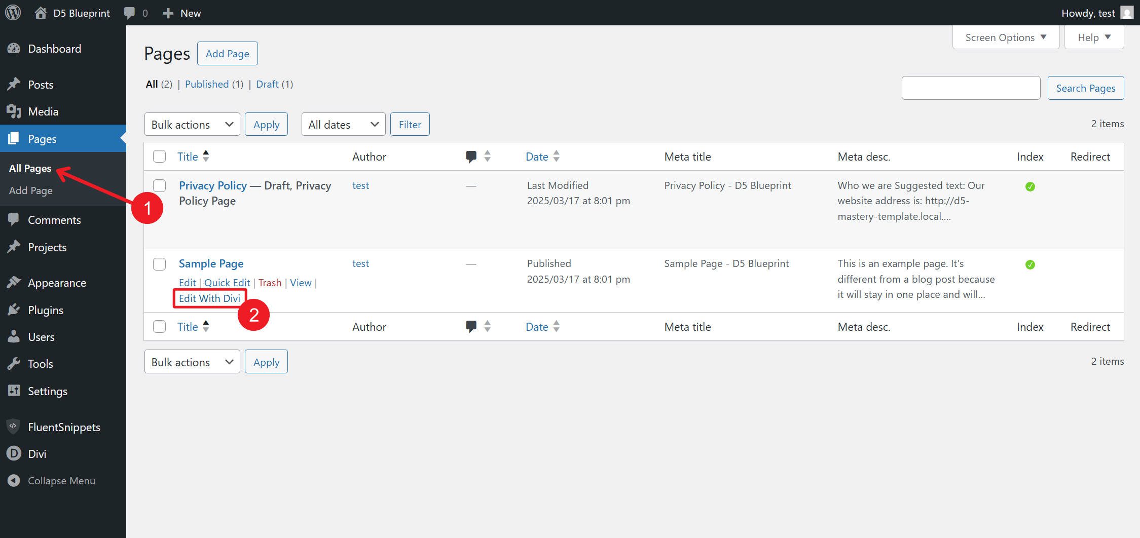 Divi Page List Hover Over page to Edit with Divi
