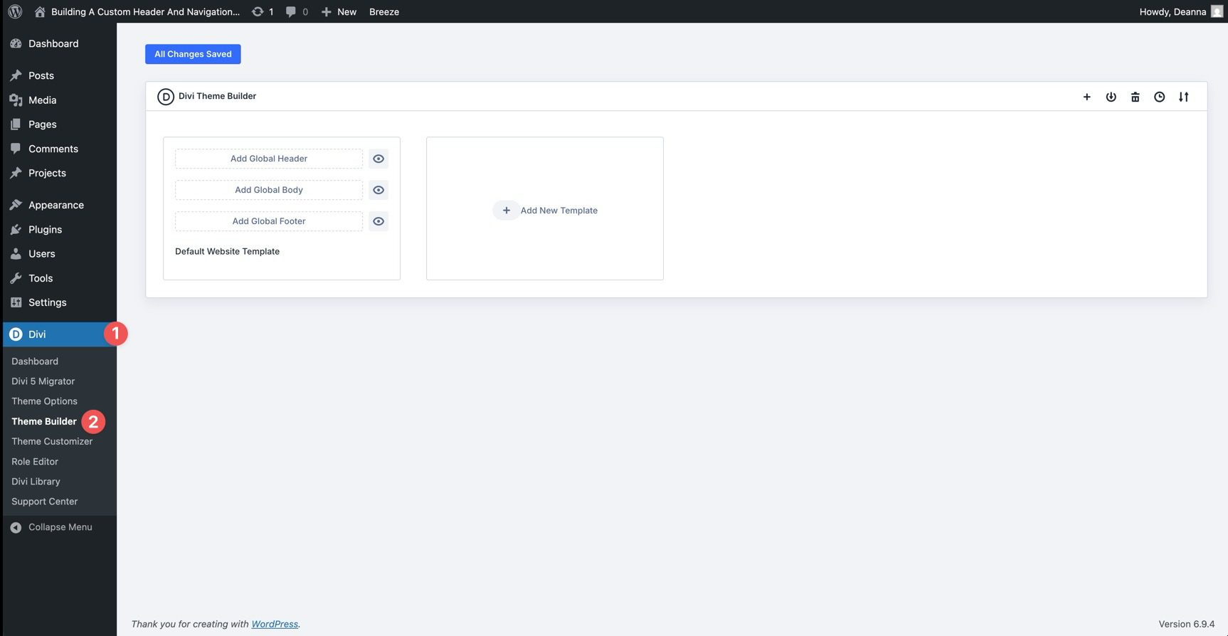 Divi Theme Builder in the WordPress dashboard