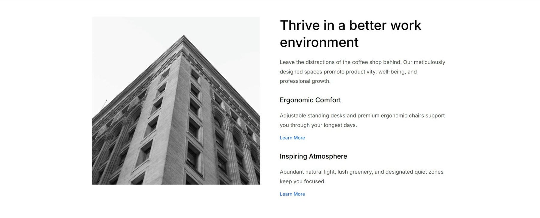 Split features section of the Divi 5 coworking homepage