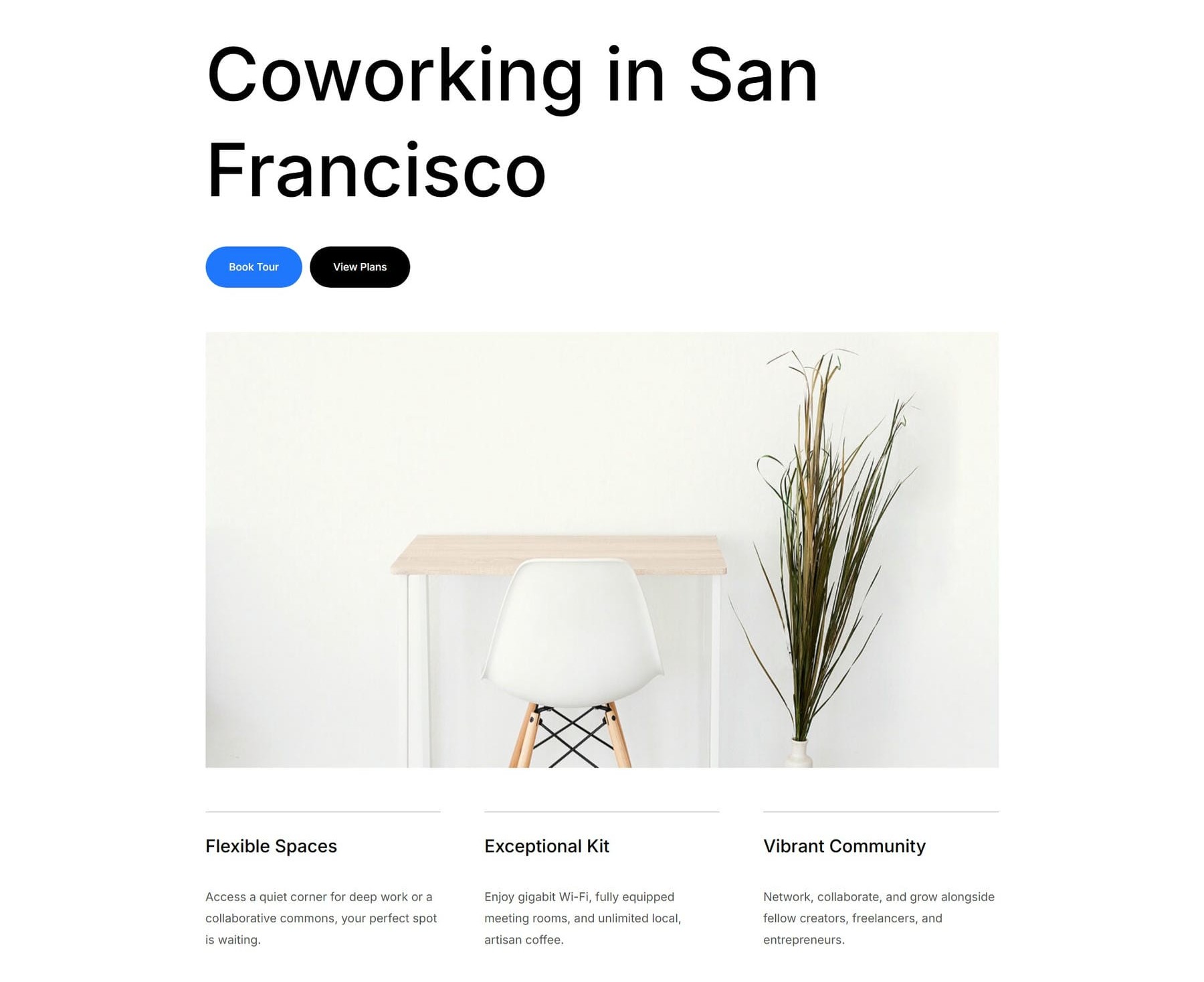 Hero section of the Divi 5 coworking homepage