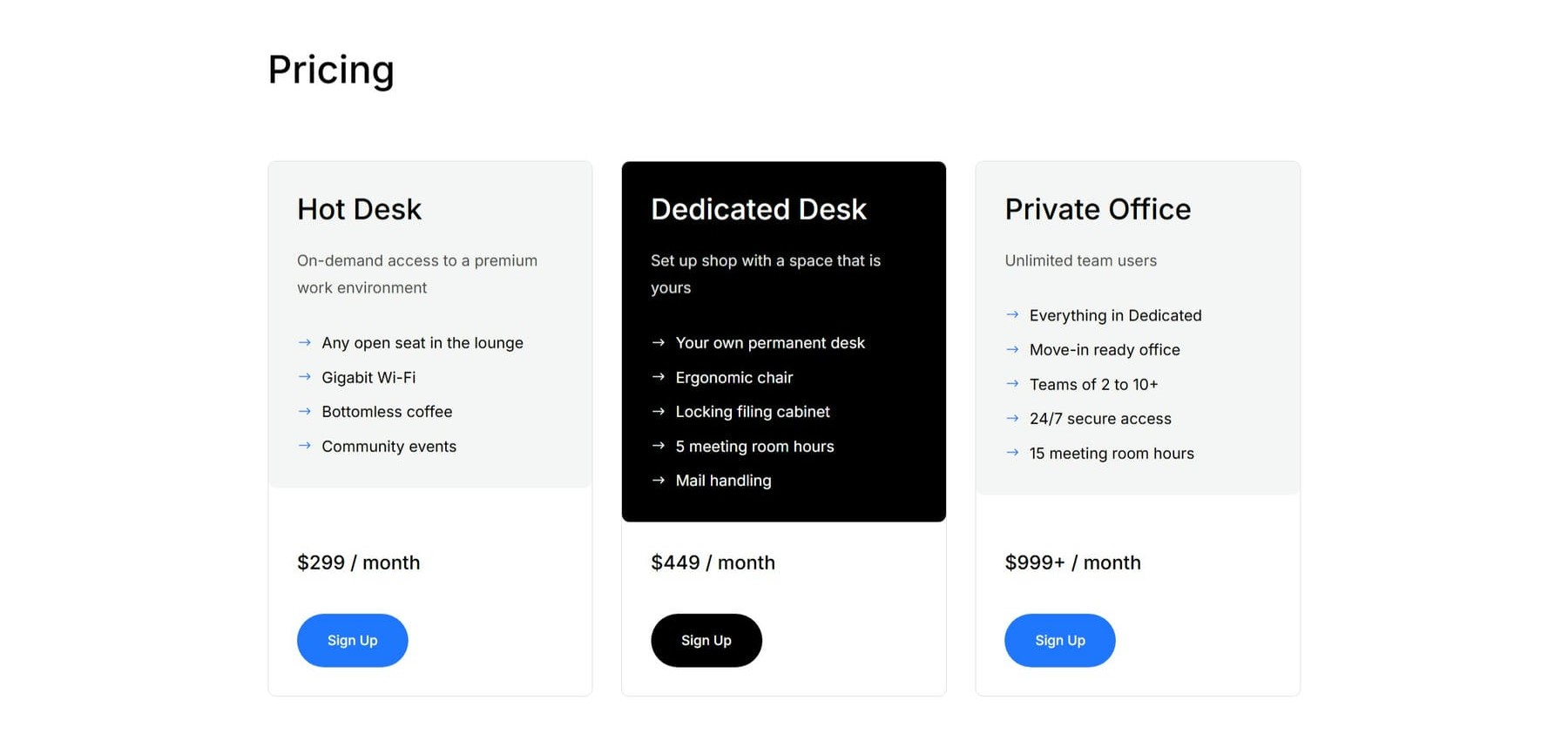 Pricing section of the Divi 5 coworking homepage