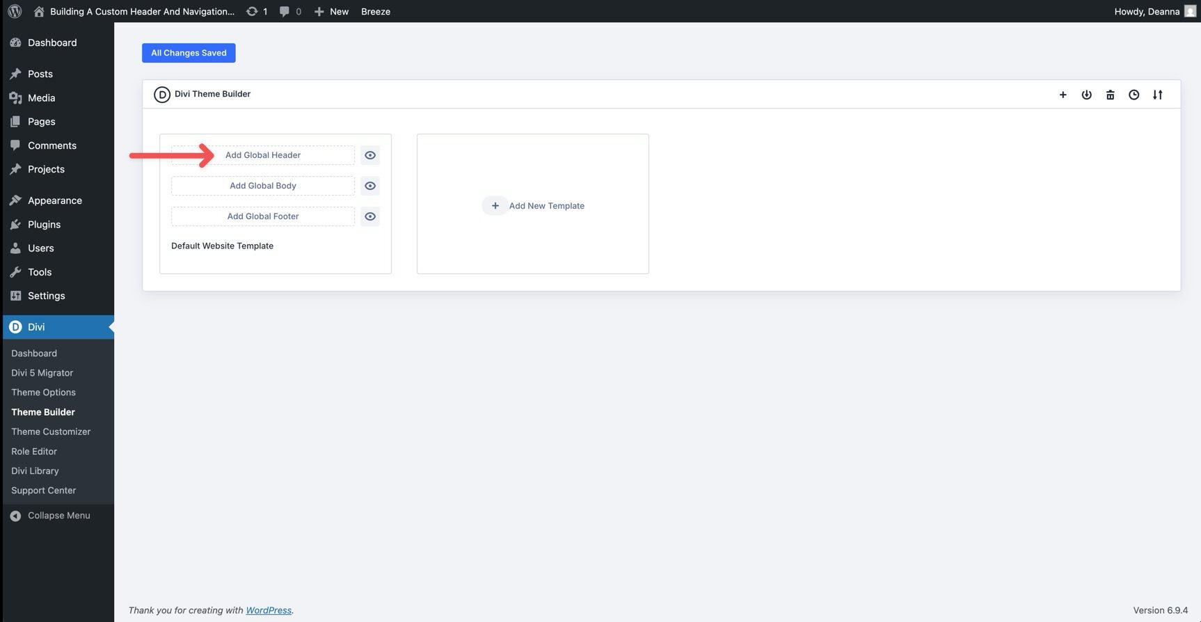 Add Global Header in the Divi Theme Builder