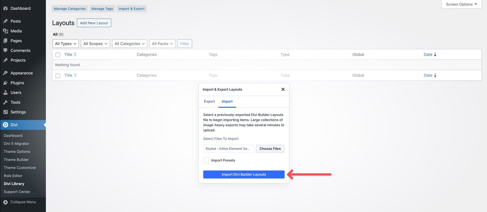 add JSON files to Divi Library
