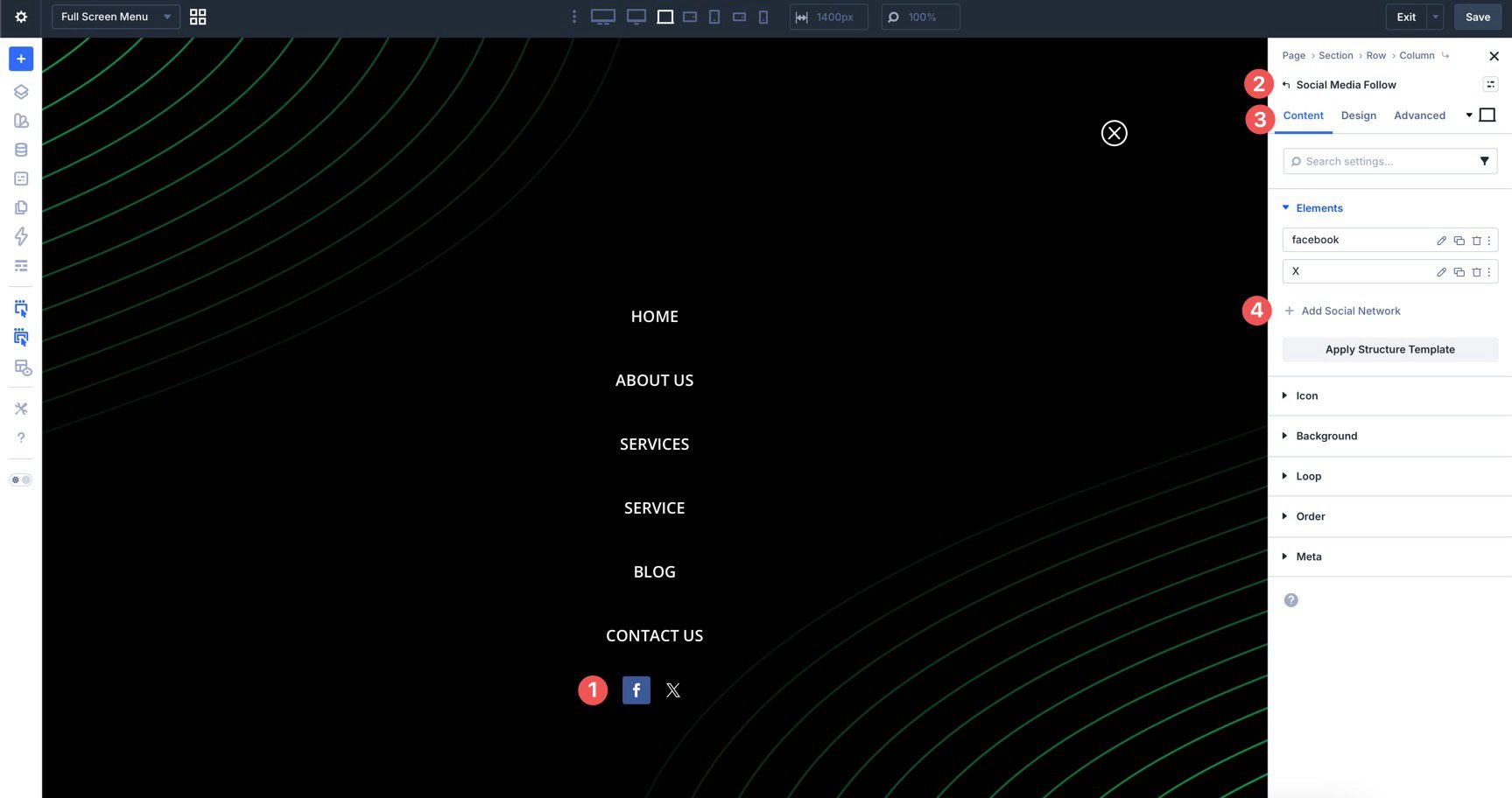 Add social links to a Divi 5 full-screen menu