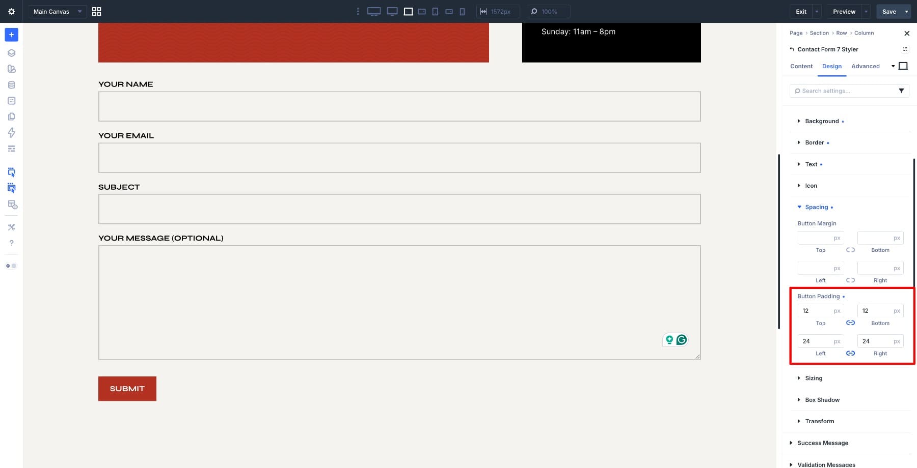 submit button padding settings in divi 5