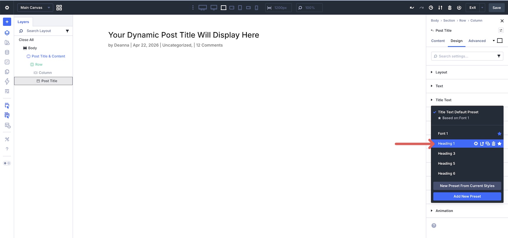 Apply a Heading 1 preset to the Post Title module