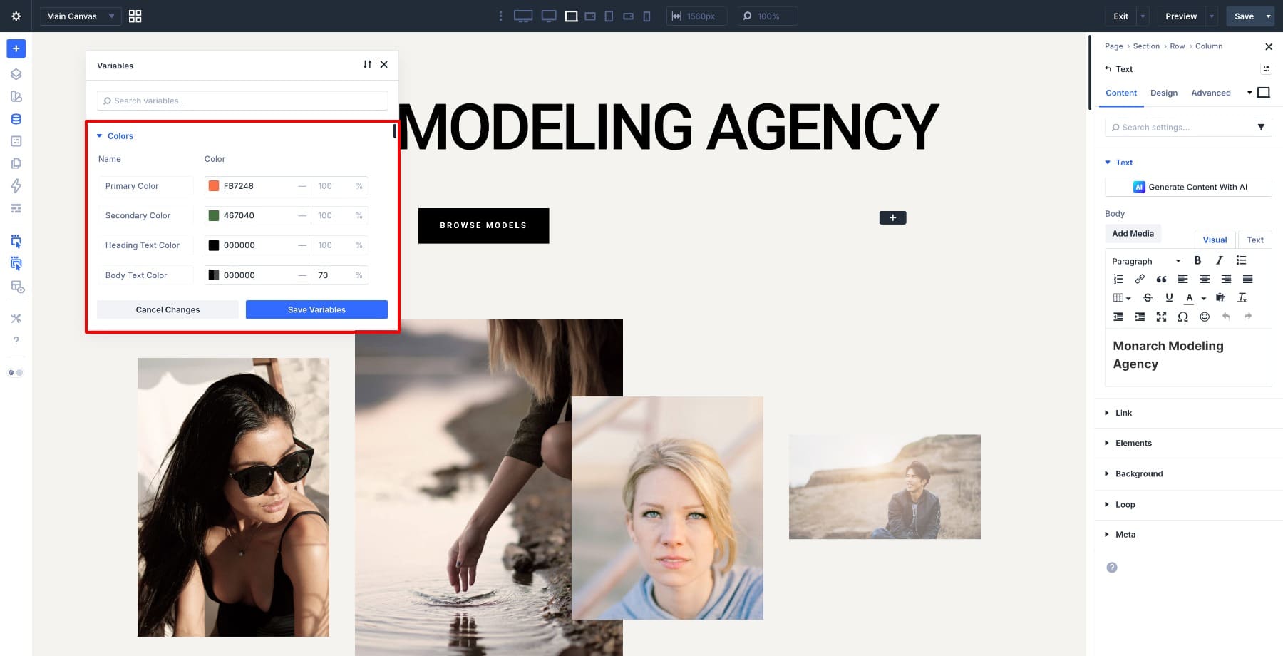 Color variables panel in Divi 5