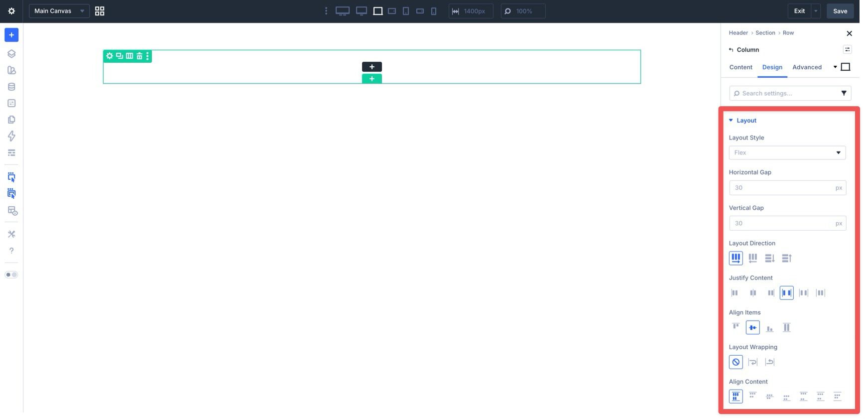 Column Flexbox settings for a Divi 5 header