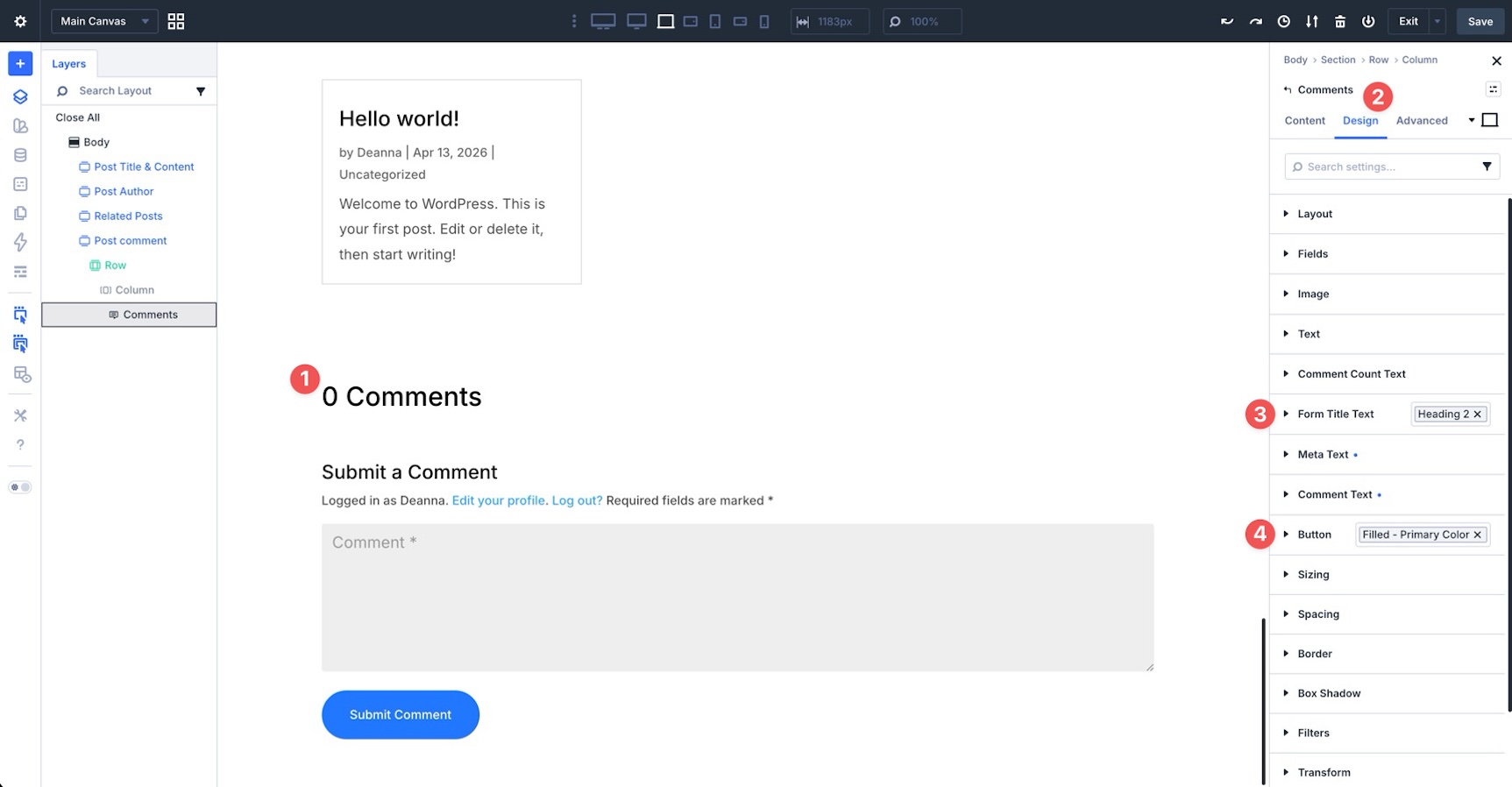 Comments module design settings in Divi 5