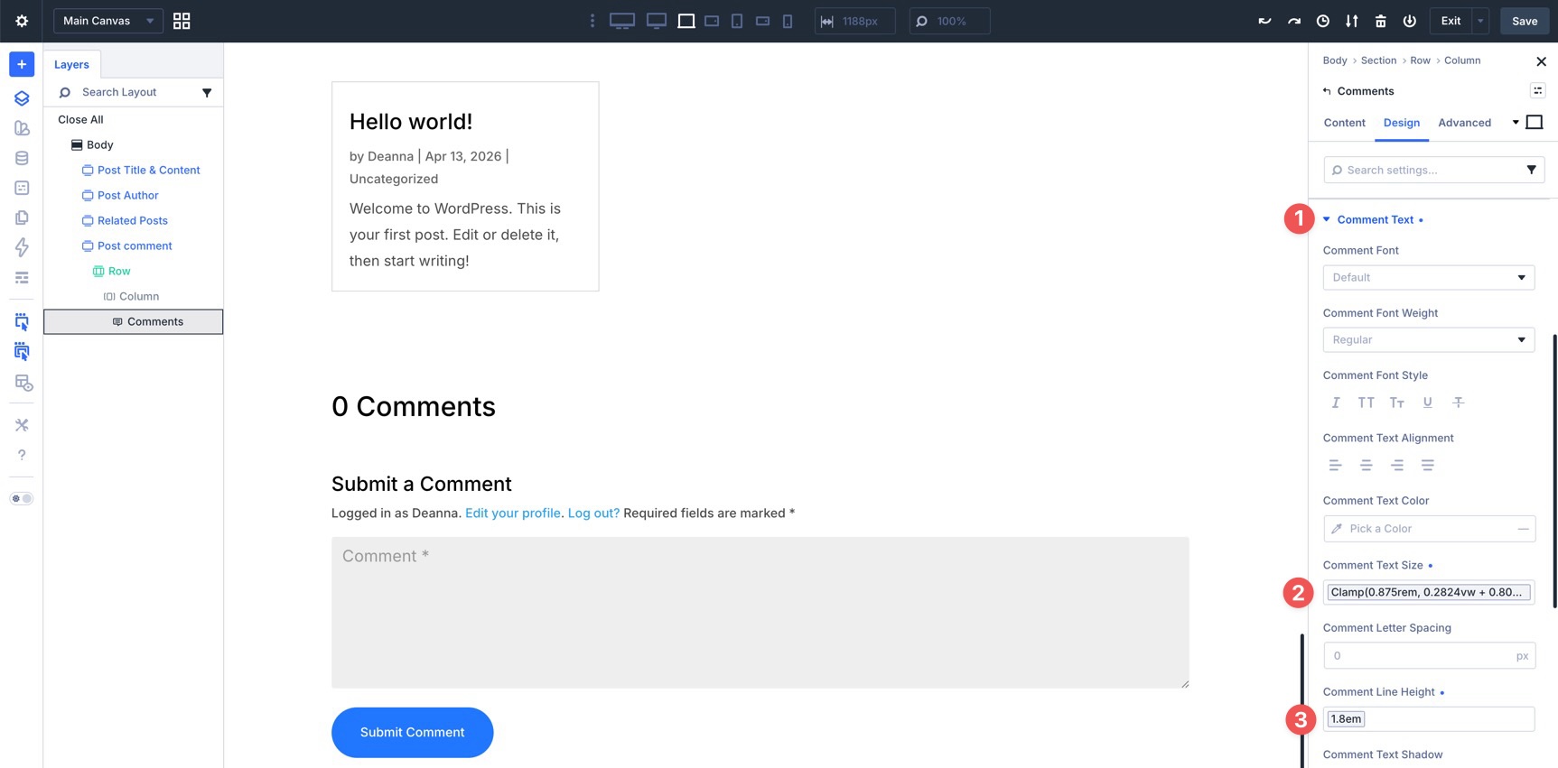 Comments module Comment Text settings in Divi 5