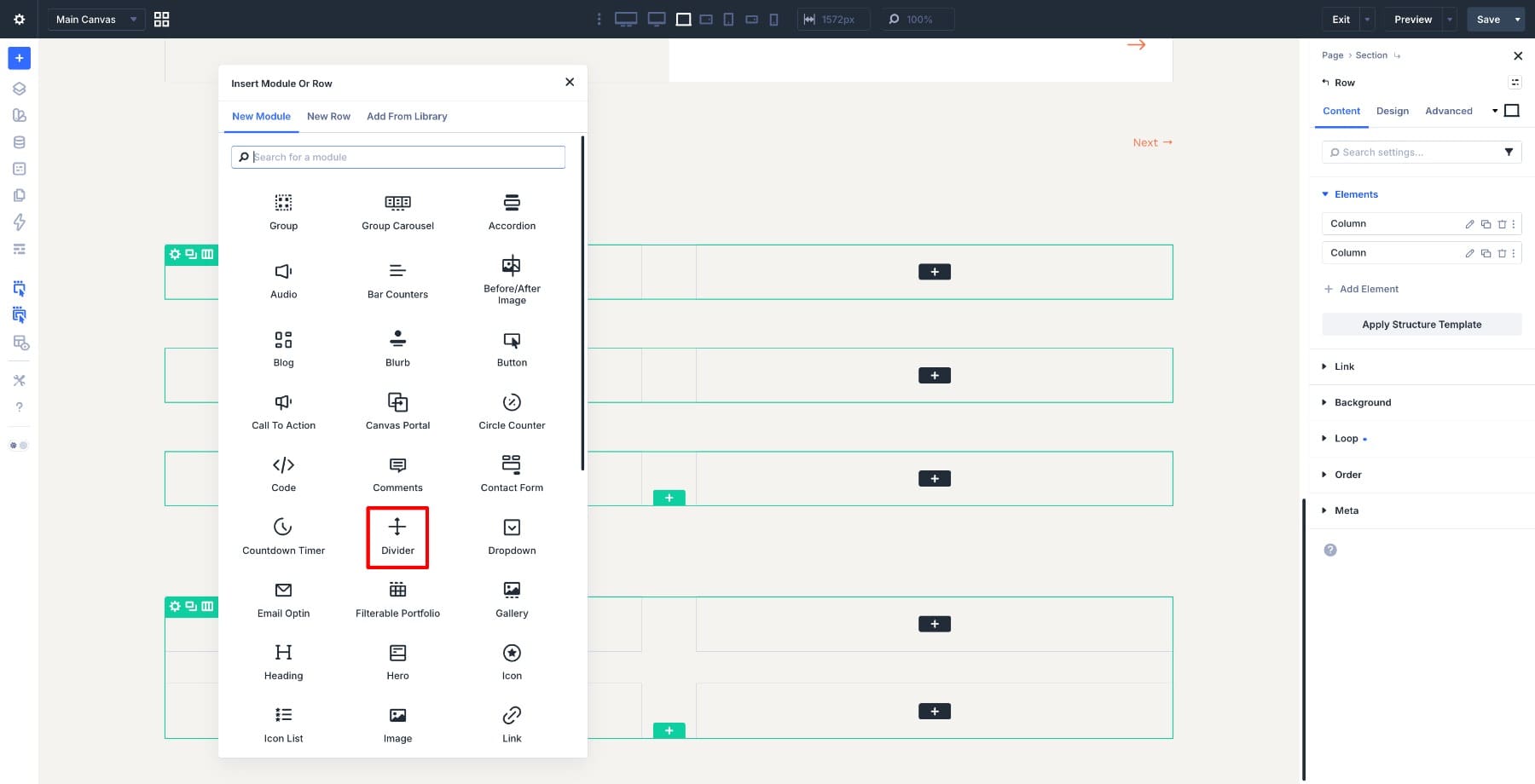 Divider module in Divi Builder