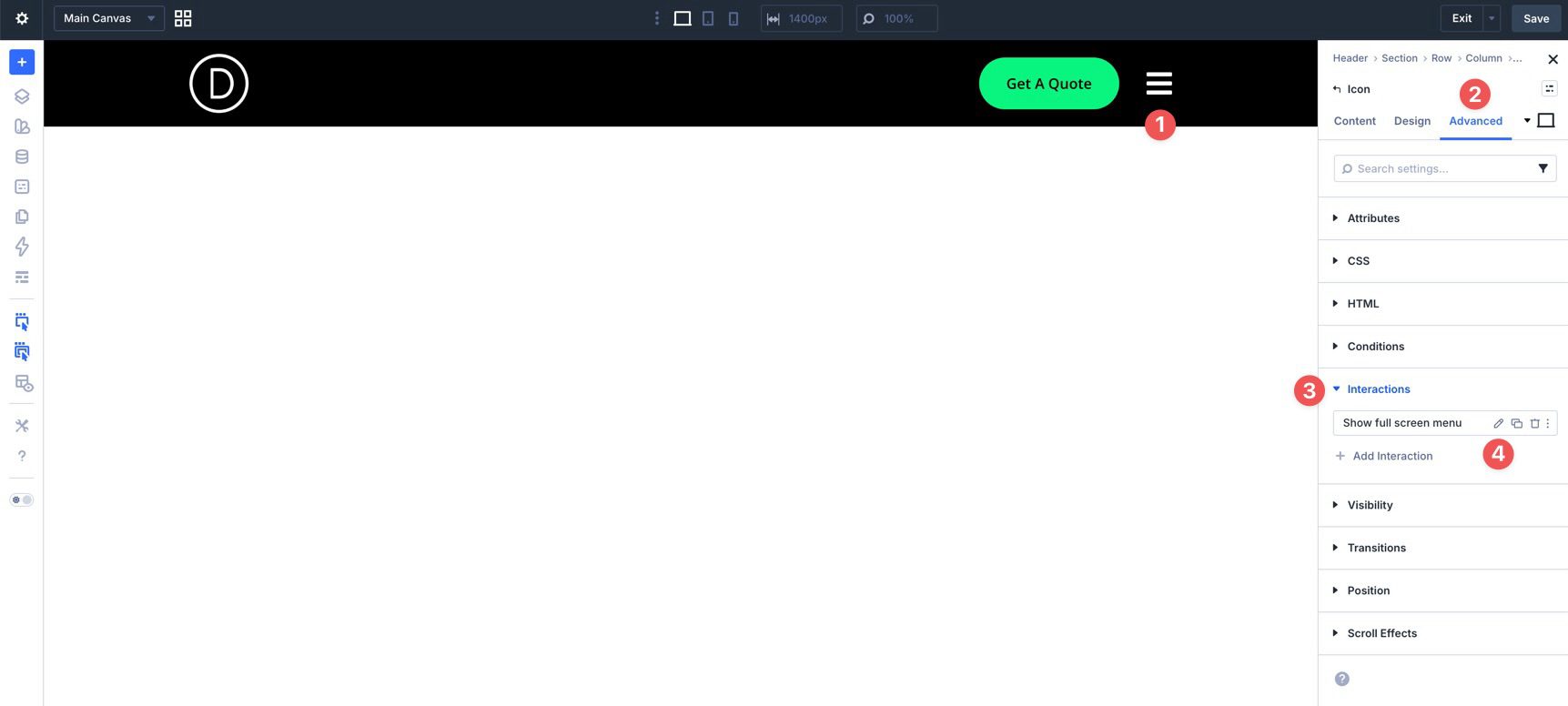 Edit a Divi 5 Interaction for a full-screen menu