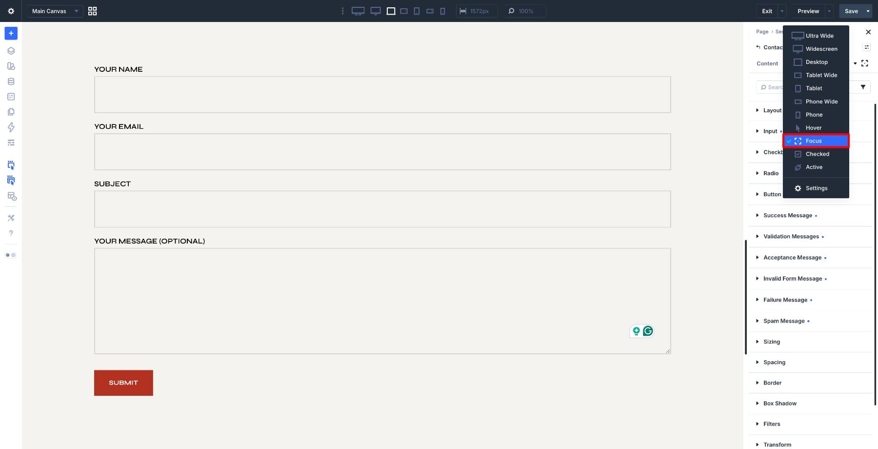focus editing for form fields in divi 5