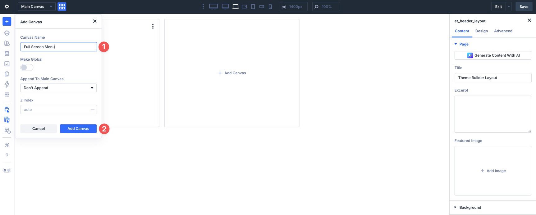 Name a full-screen menu Canvas in Divi 5